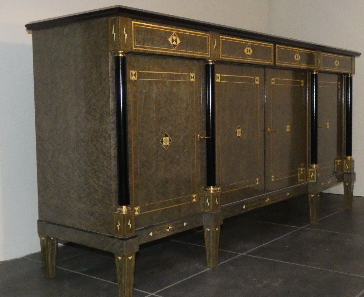 photo vintage Louis XVI Style Hollywood Regency Sideboard In Burl Wood, Grey Lacquer And Brass, France, 1980s