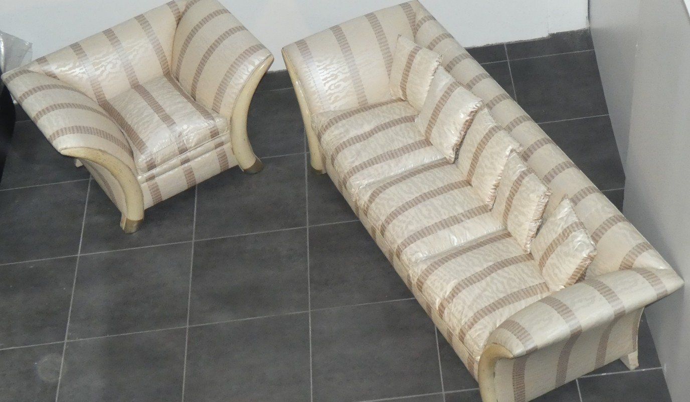 photo for sale Colonial Style Sofa And Armchair With Saber Shaped Resin Feet, Italy, 1970s, Set Of 2
