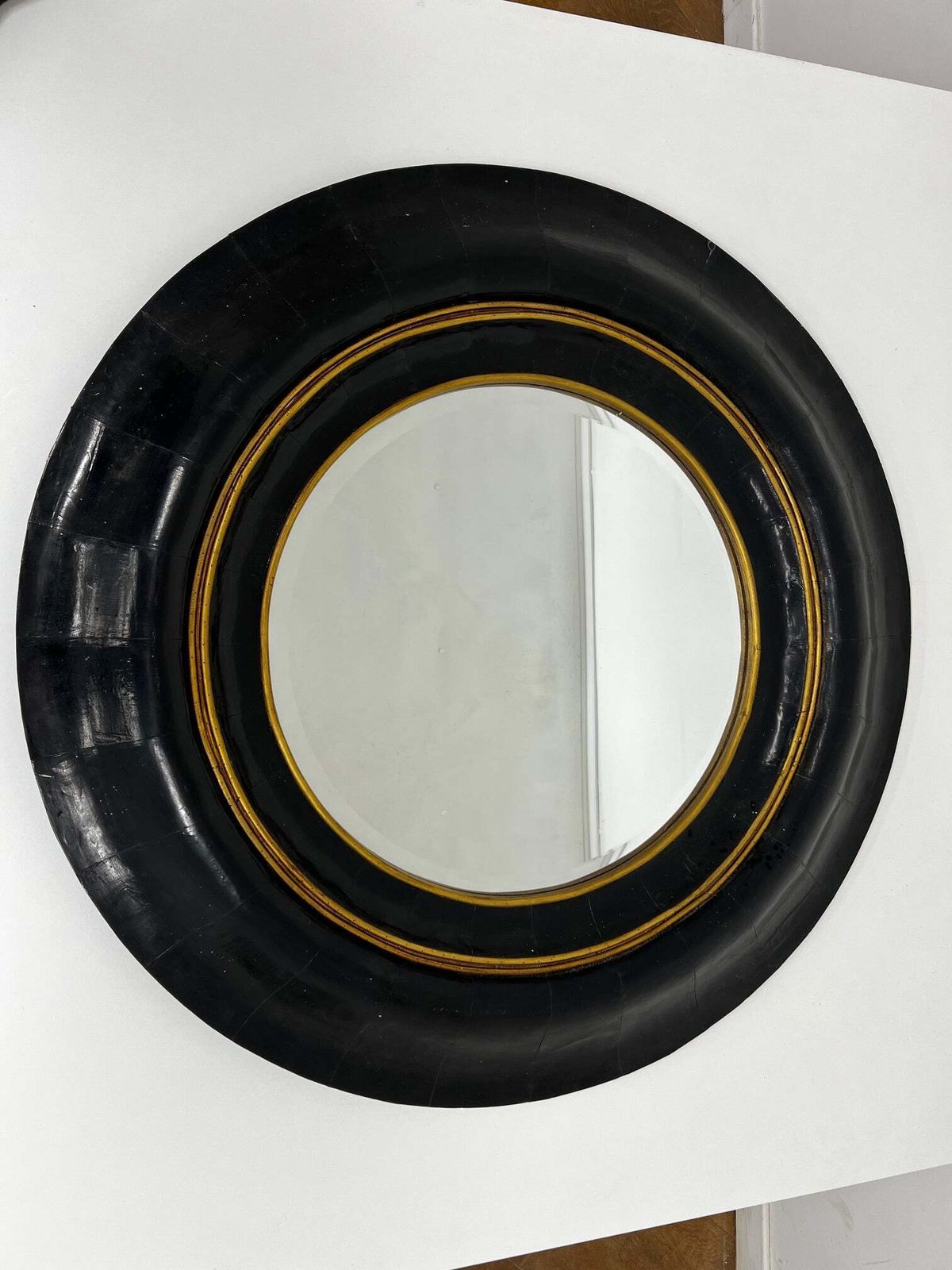 Antique Late 20th Century Black & Gold Round Convex Port Hole Style Wall Mirror photo furniture