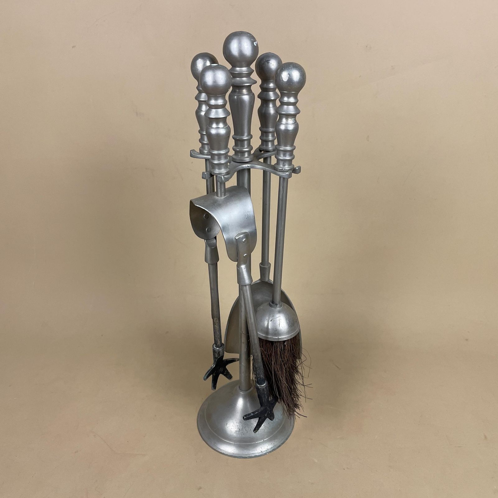 Antique Silver Metal Fireside Tools Stand Vintage Companion Set Fireplace Fireside Fire Farmhouse Cottage Four Piece 4 Round Base. photo furniture