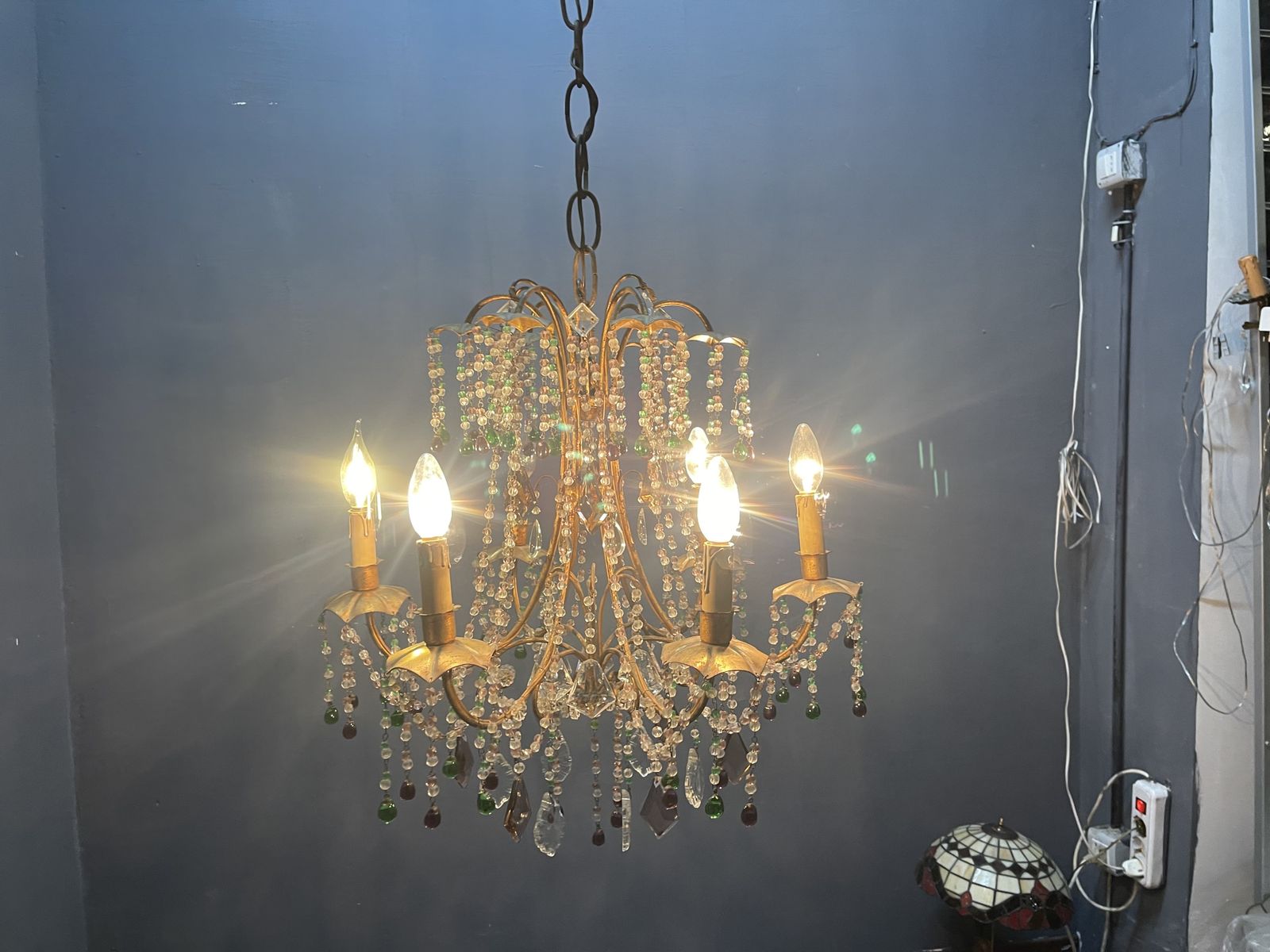 1950s Italian Florentine Tole Gilt Murano Glass Beaded 6 Light Chandelier photo Lighting
