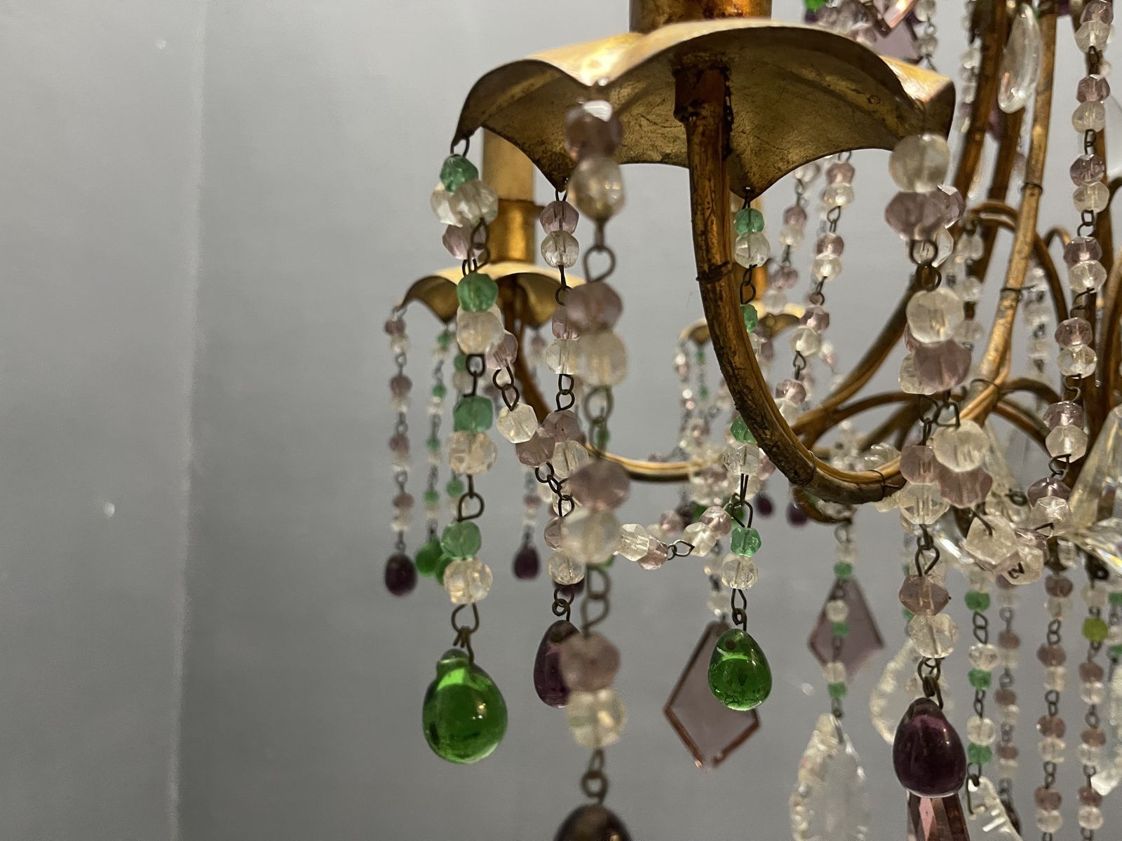 1950s Italian Florentine Tole Gilt Murano Glass Beaded 6 Light Chandelier photo vintage