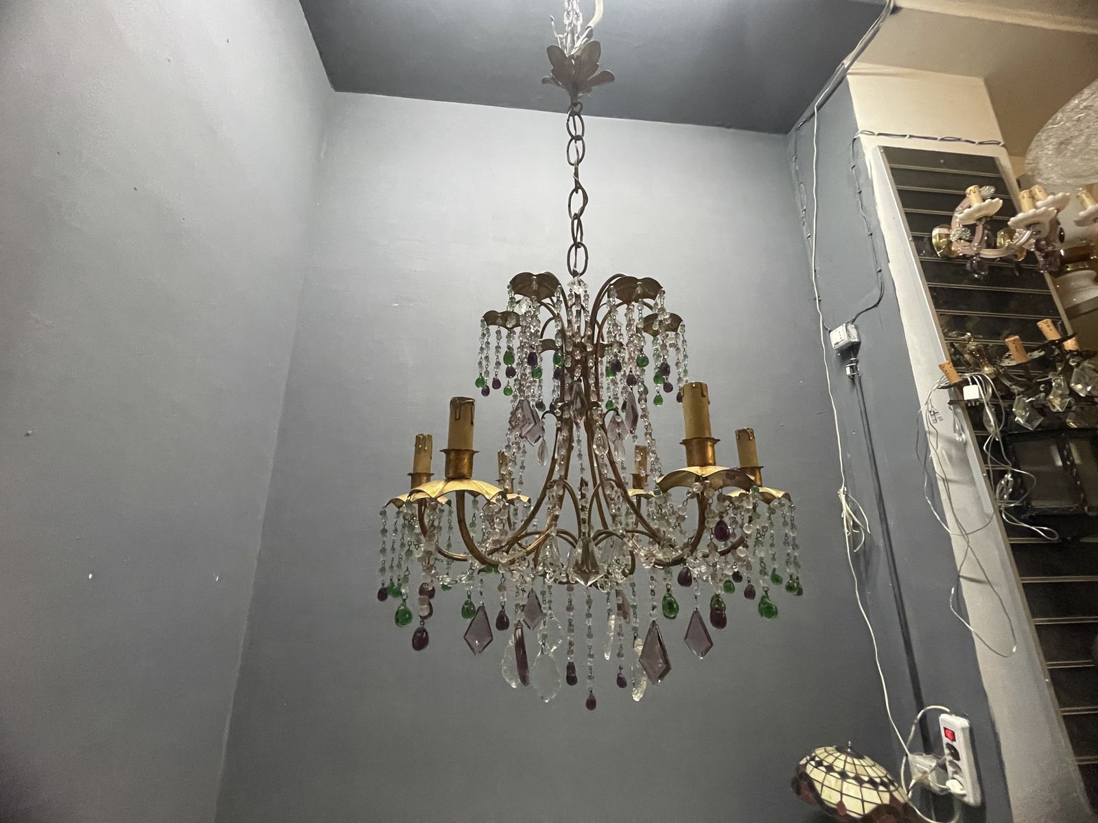 Lighting 1950s Italian Florentine Tole Gilt Murano Glass Beaded 6 Light Chandelier photo