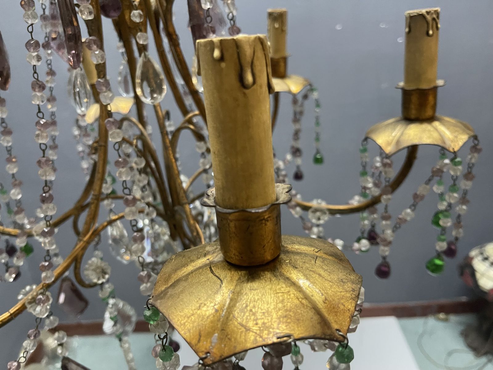 1200.0 1950s Italian Florentine Tole Gilt Murano Glass Beaded 6 Light Chandelier photo