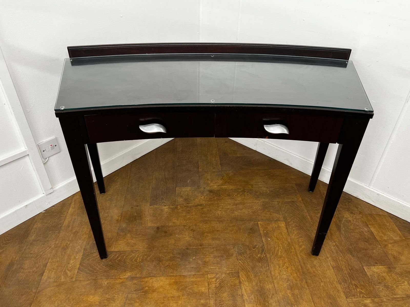 A Italian Curved 2 Drawer Dressing/Side Console Table Stained Dark Mahogany With Glass Top photo Furniture