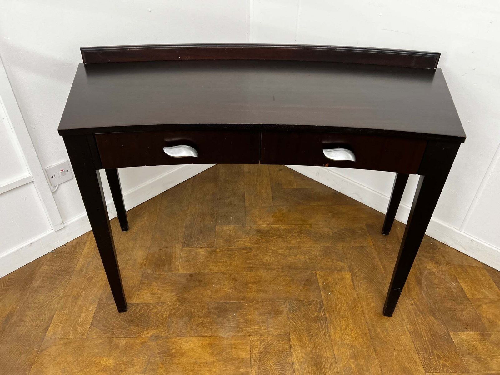 A Italian Curved 2 Drawer Dressing/Side Console Table Stained Dark Mahogany With Glass Top photo vintage