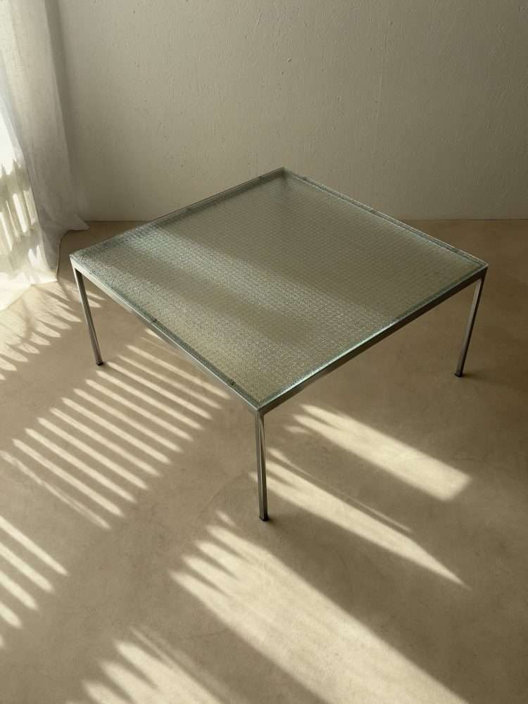 photo furniture Stainless Steel Coffee Table With Wire Glass, Minimalist 1960s
