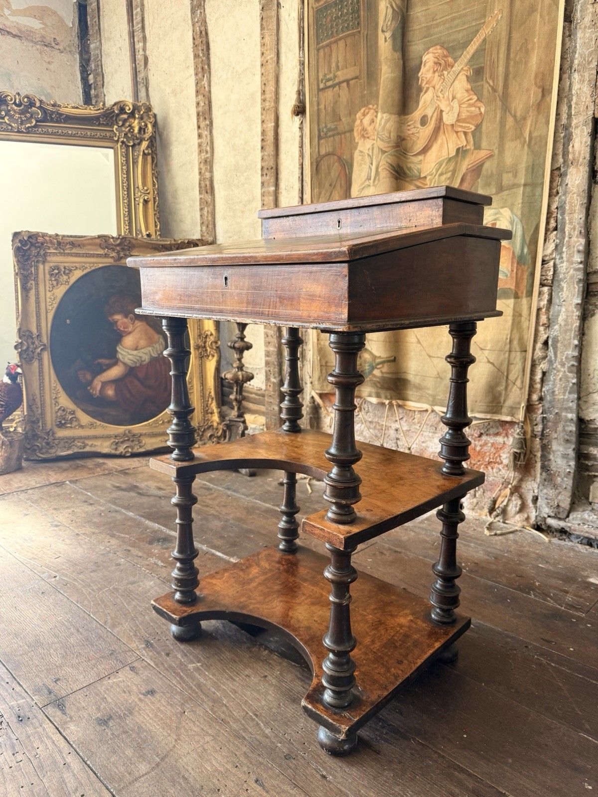 Rare Antique Walnut Burl Inlaid  Lady's Three Tier  Davenport Writing Desk Table photo for sale