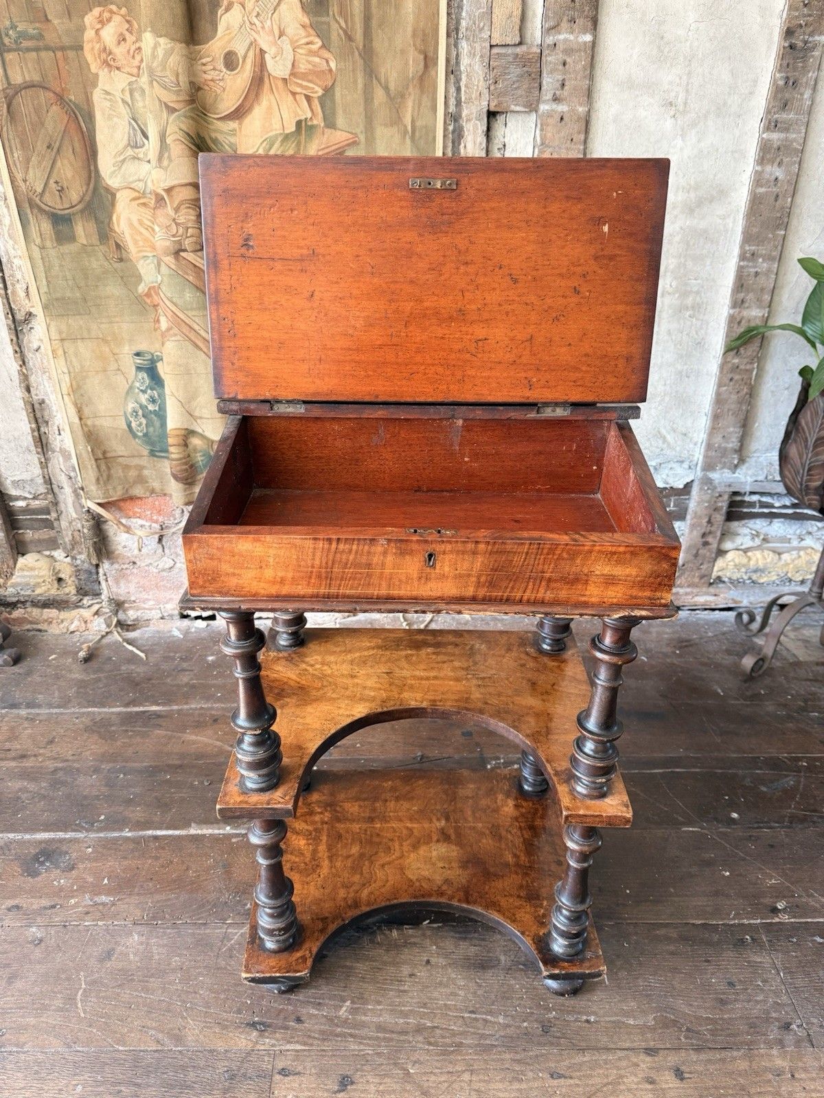 photo for sale Rare Antique Walnut Burl Inlaid  Lady's Three Tier  Davenport Writing Desk Table