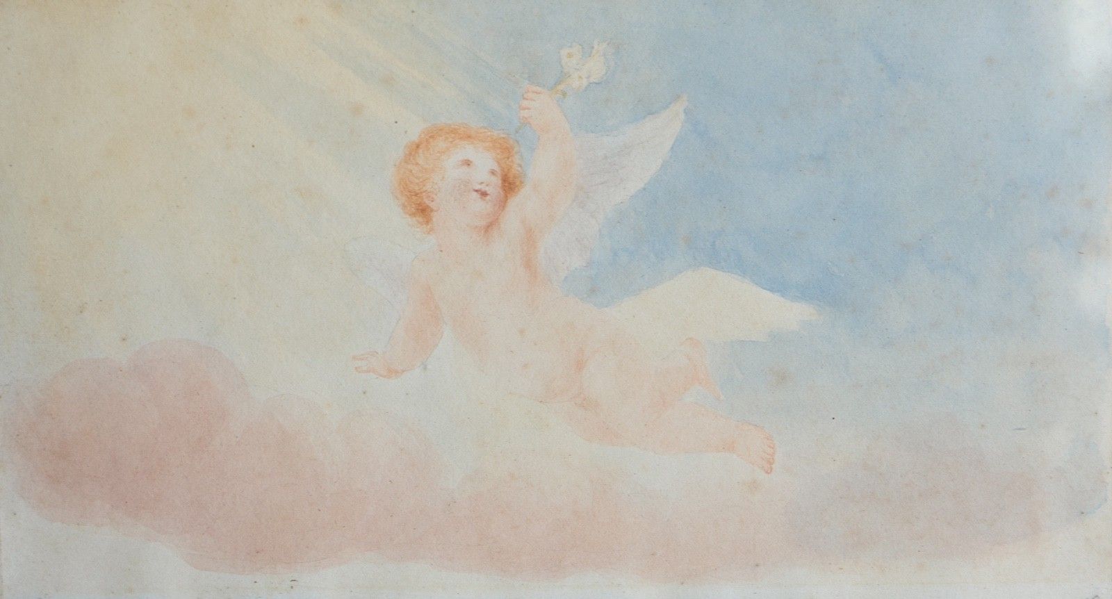 Small Antique Cherub Watercolour In Moon And Star Verre Egolisme Frame, 19th C photo furniture