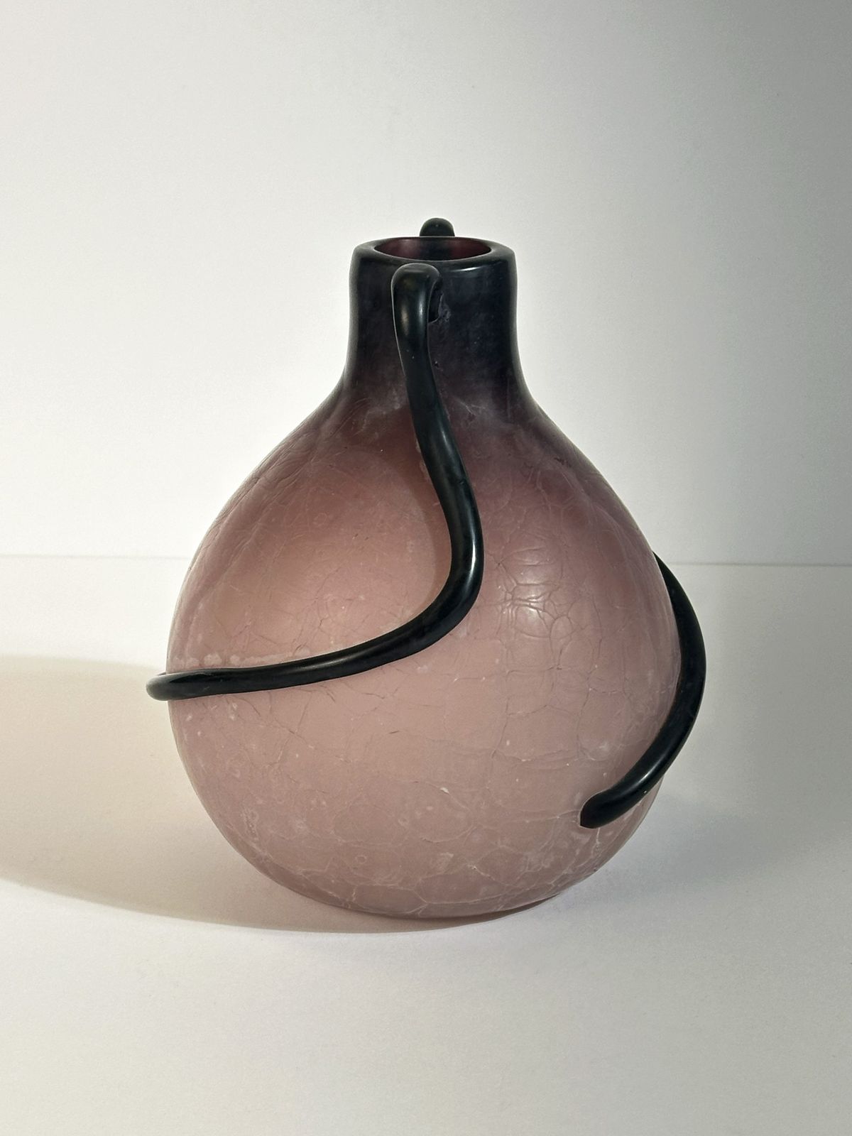 Art Nouveau Style Vase, Pink Satin Glass With Black Applied Trails, Italy 1980s photo vinterior