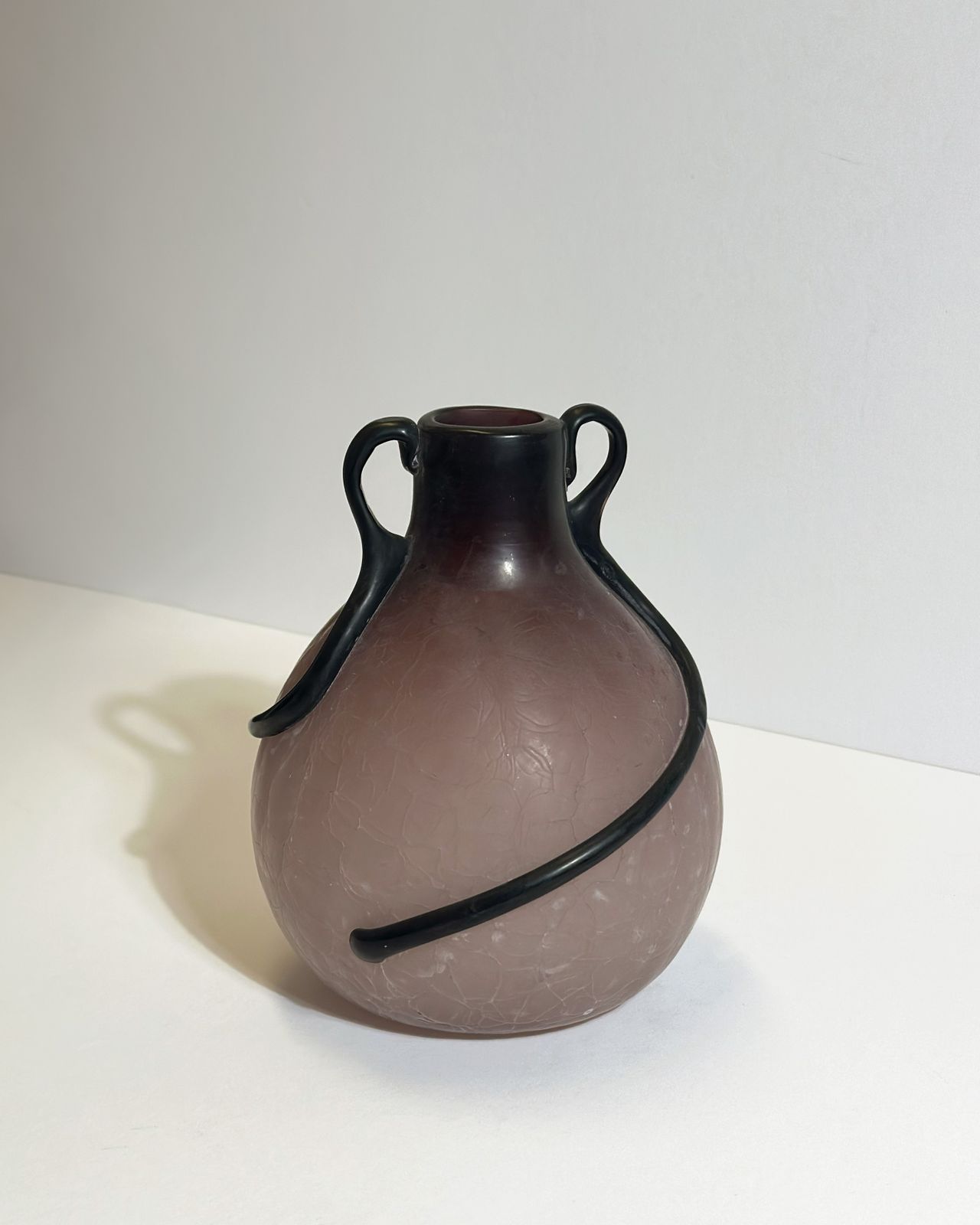 photo furniture Art Nouveau Style Vase, Pink Satin Glass With Black Applied Trails, Italy 1980s