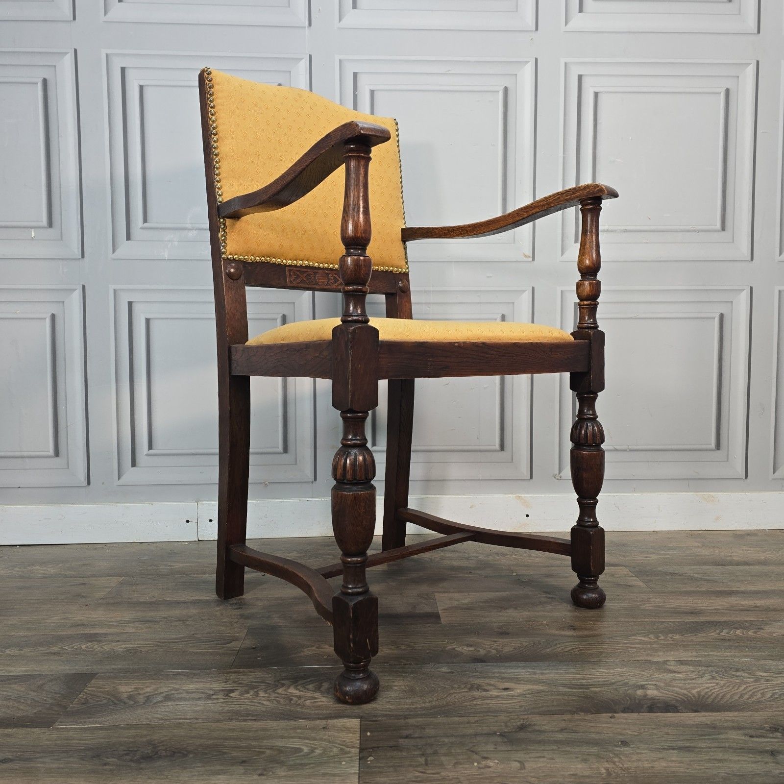 Antique Oak Armchair Carved Upholstered Seat Arts & Crafts Hall Chair Wooden photo for sale