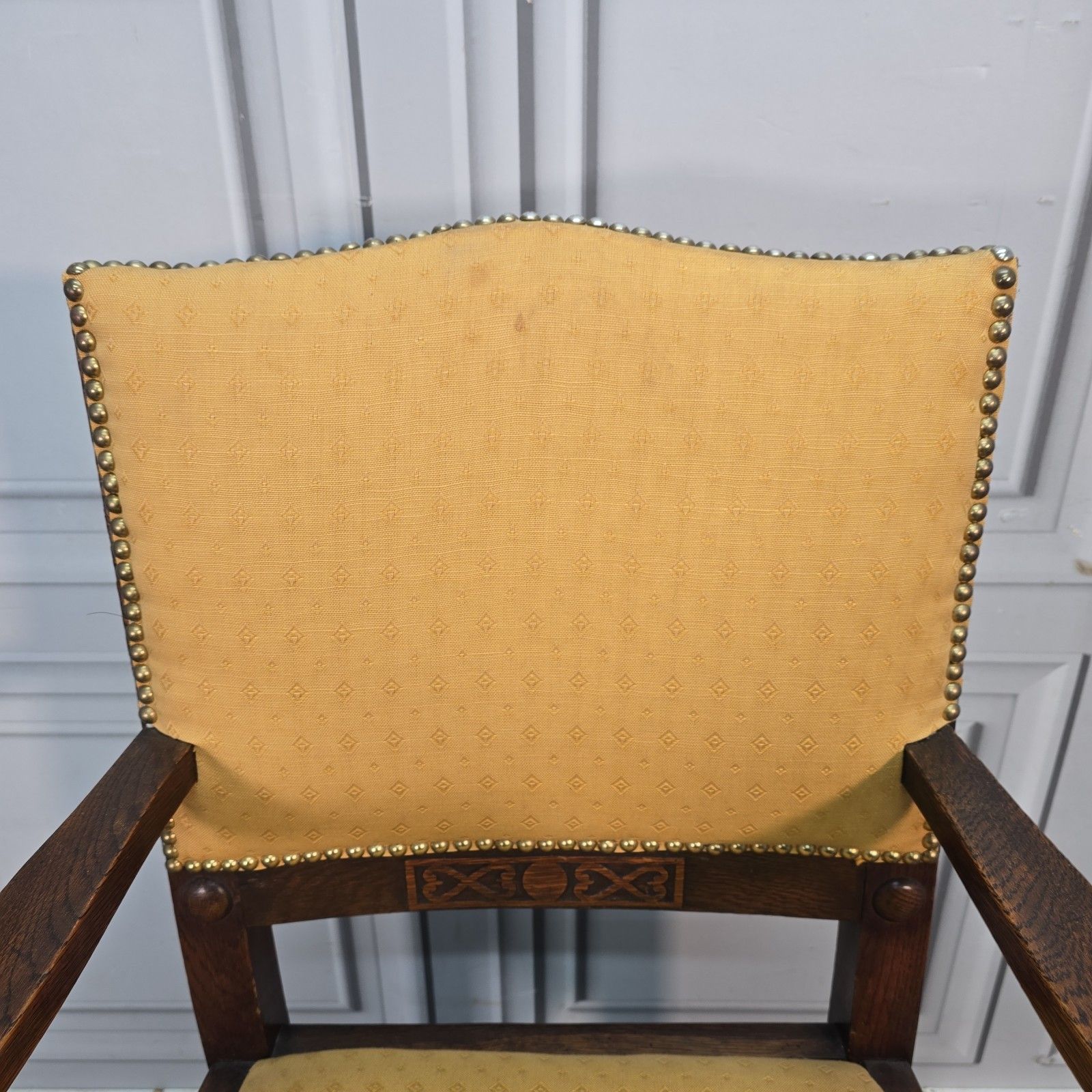 140.0 Antique Oak Armchair Carved Upholstered Seat Arts & Crafts Hall Chair Wooden photo