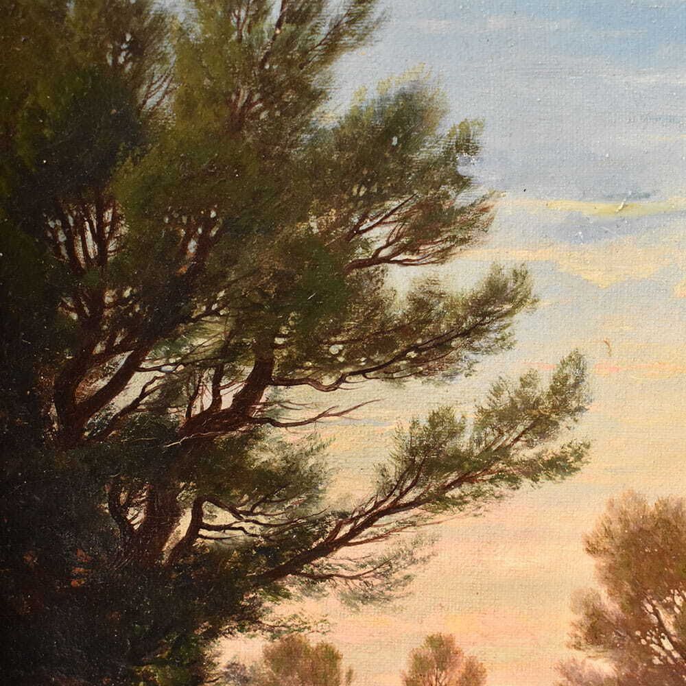 Mountain Landscape Painting, Antique Oil, Washerwomen And River, XIX. (Qp739) photo vinterior