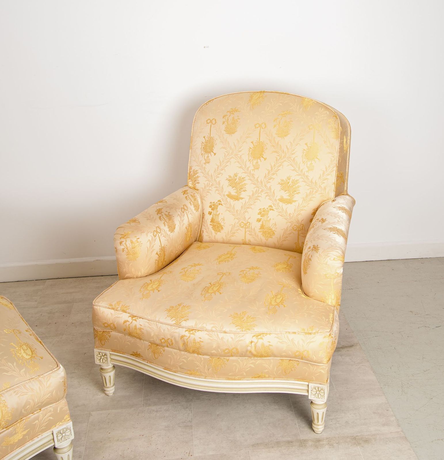 Pair French Louis XVI Style Bergère Armchairs & Ottoman photo for sale