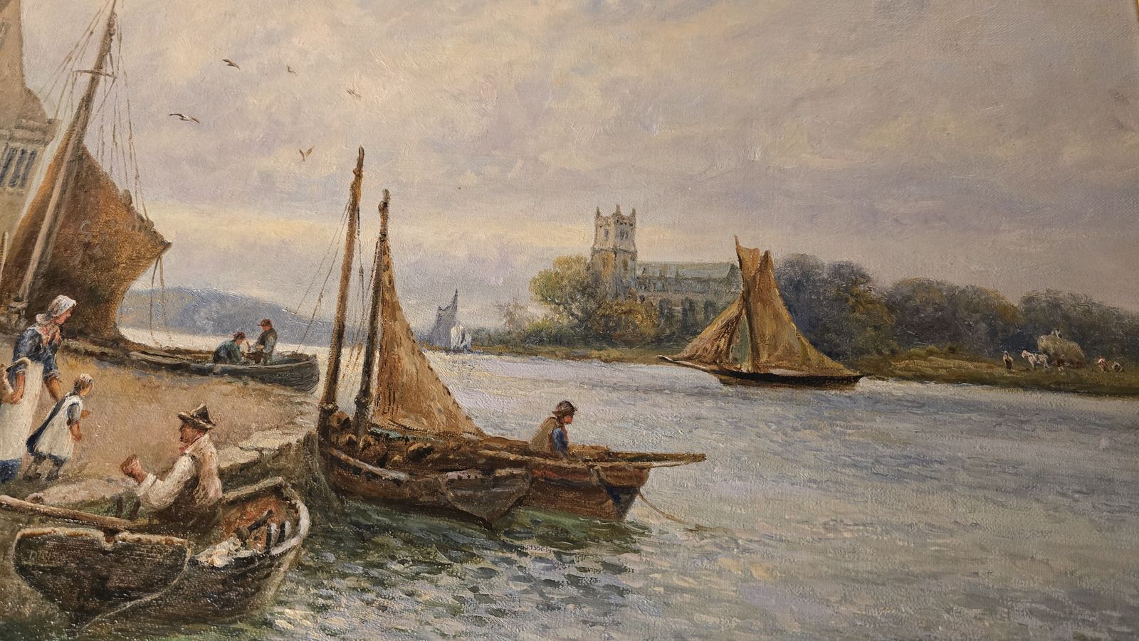 Oil Painting On Canvas Of A View Of Christchurch By Stanley Leader Circa 1900 photo vintage