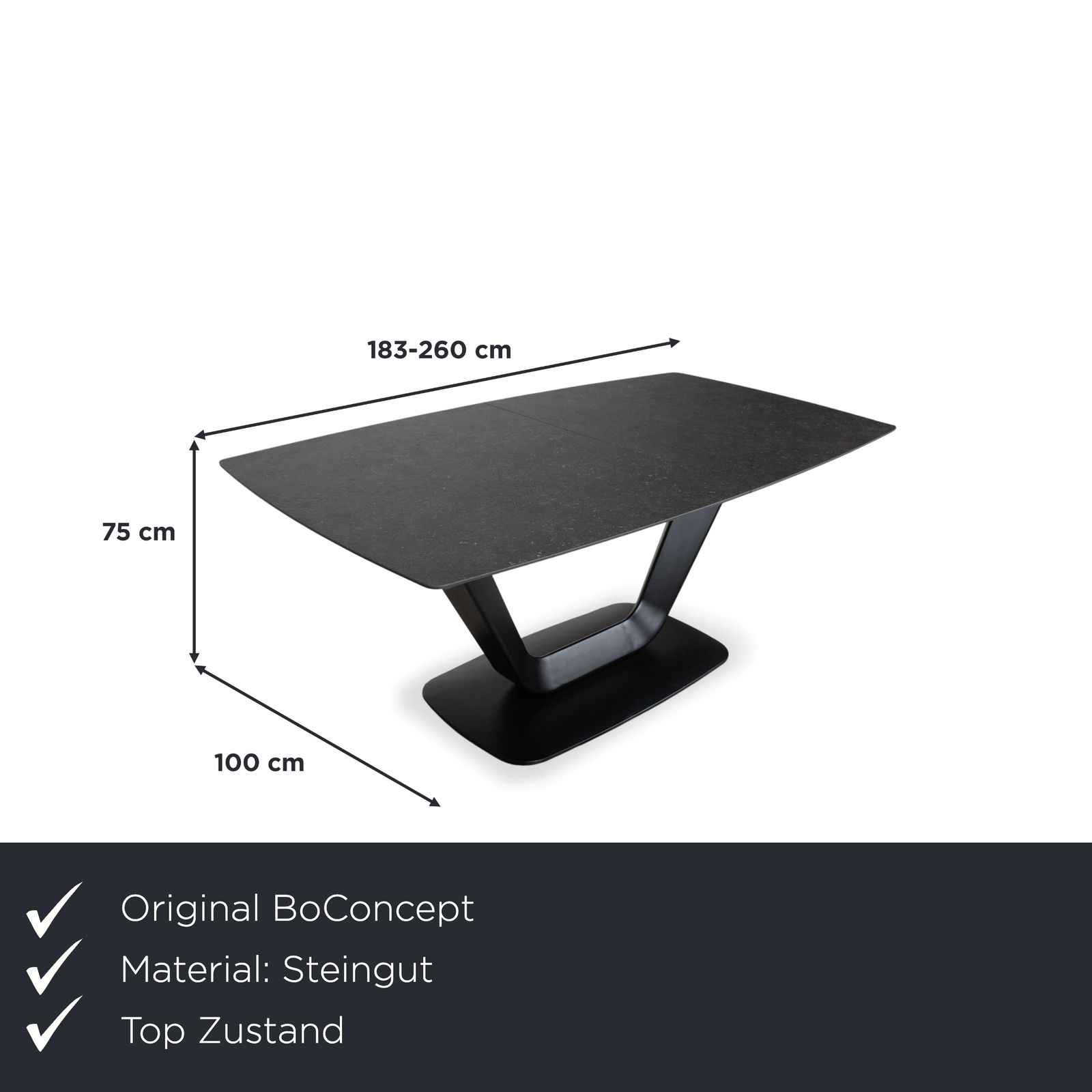 Table à manger extensible BoConcept Alicante en noir, plateau supplémentaire en grès gris foncé T076, fonction manuelle, 183 x 100 photo furniture
