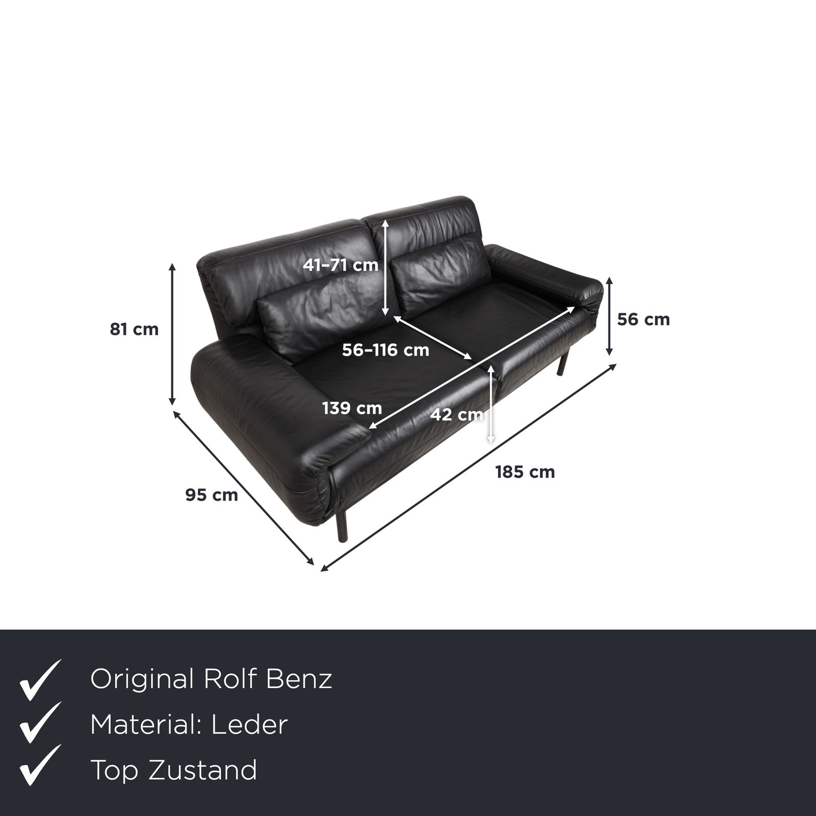 Rolf Benz Plura Leather Two Seater Black Manual Function Sofa photo furniture