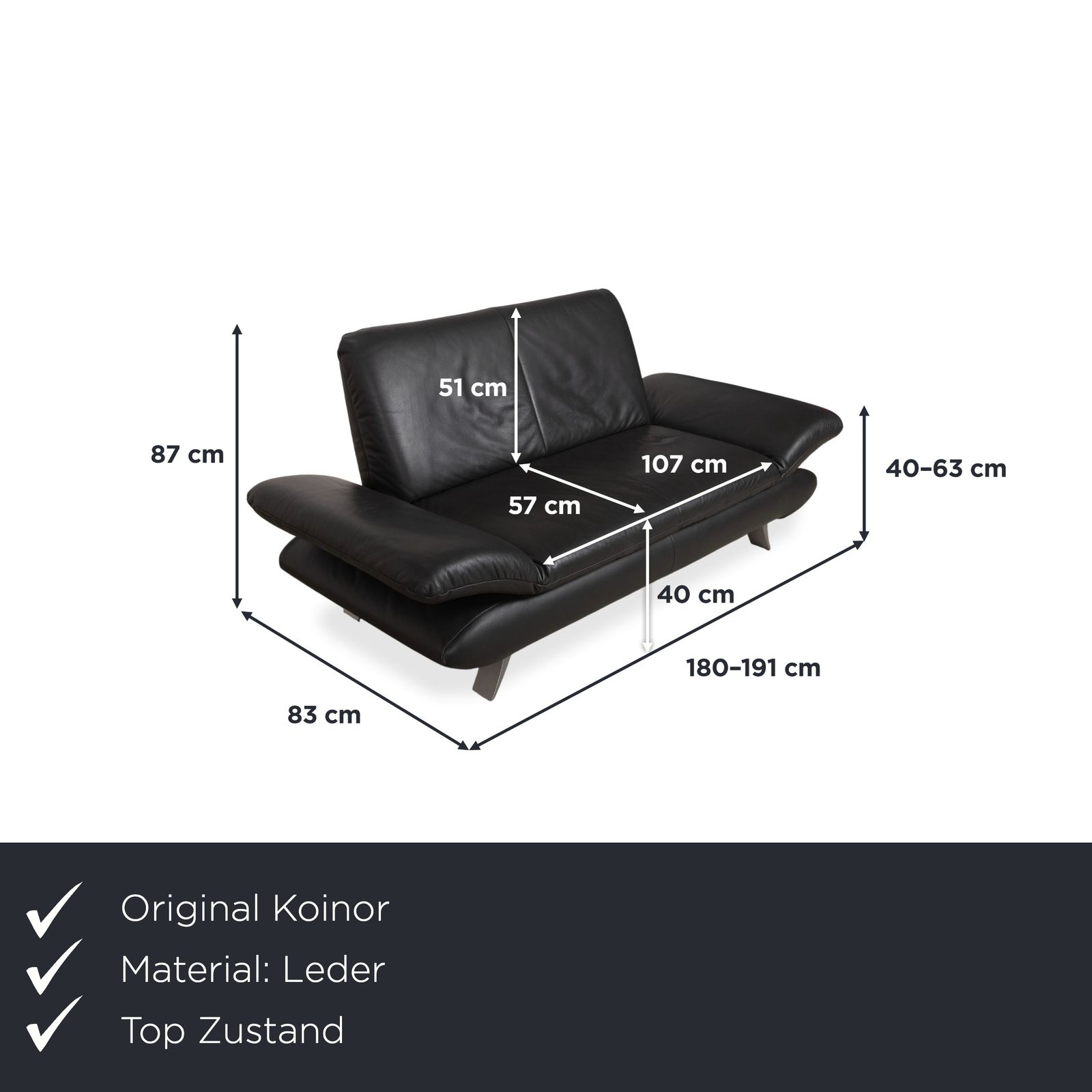 Koinor Rossini Two Seater Leather Sofa Black Manual Function photo furniture