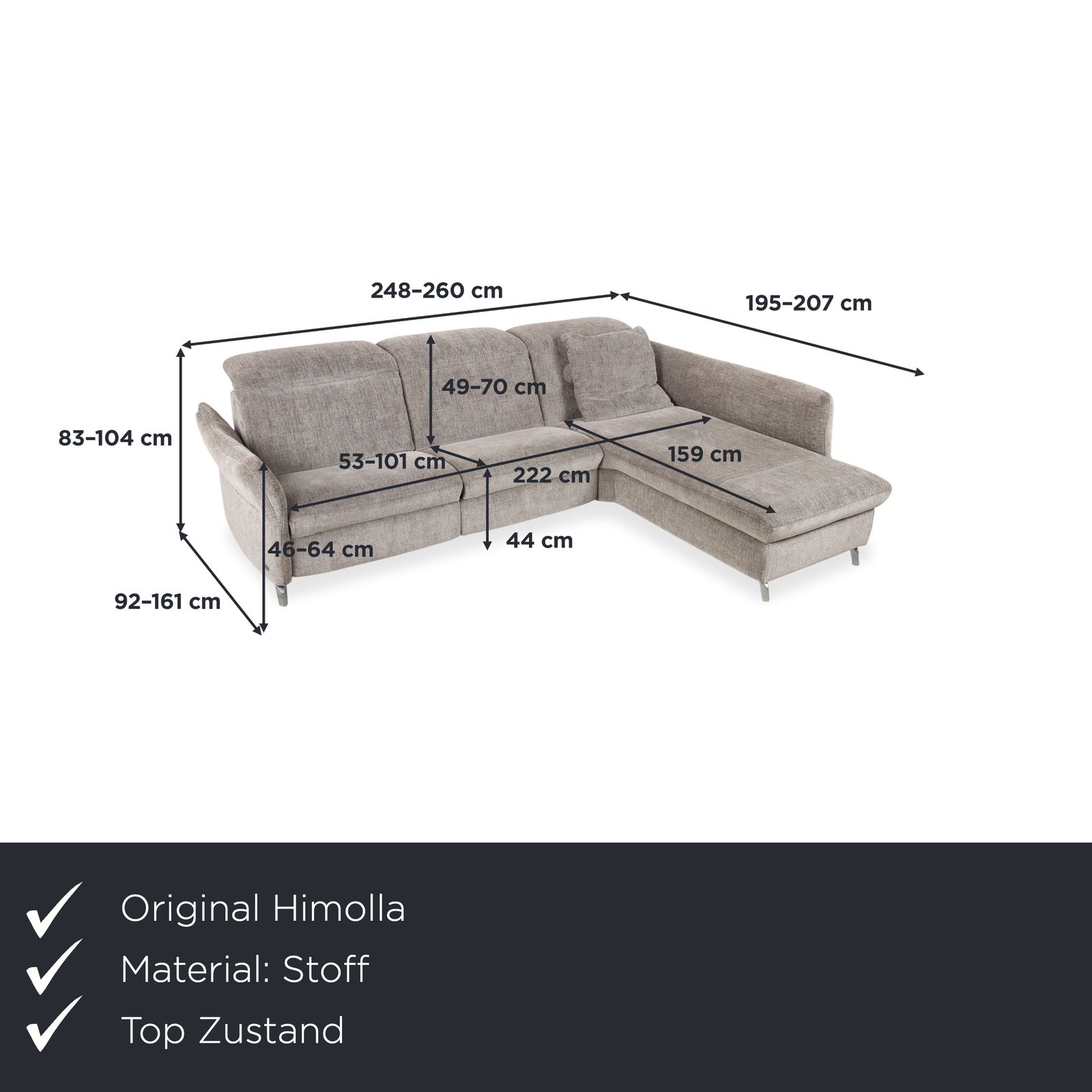 Canapé d'angle Himolla 1065.85 en tissu gris mélangé, fonction manuelle, méridienne à droite photo furniture