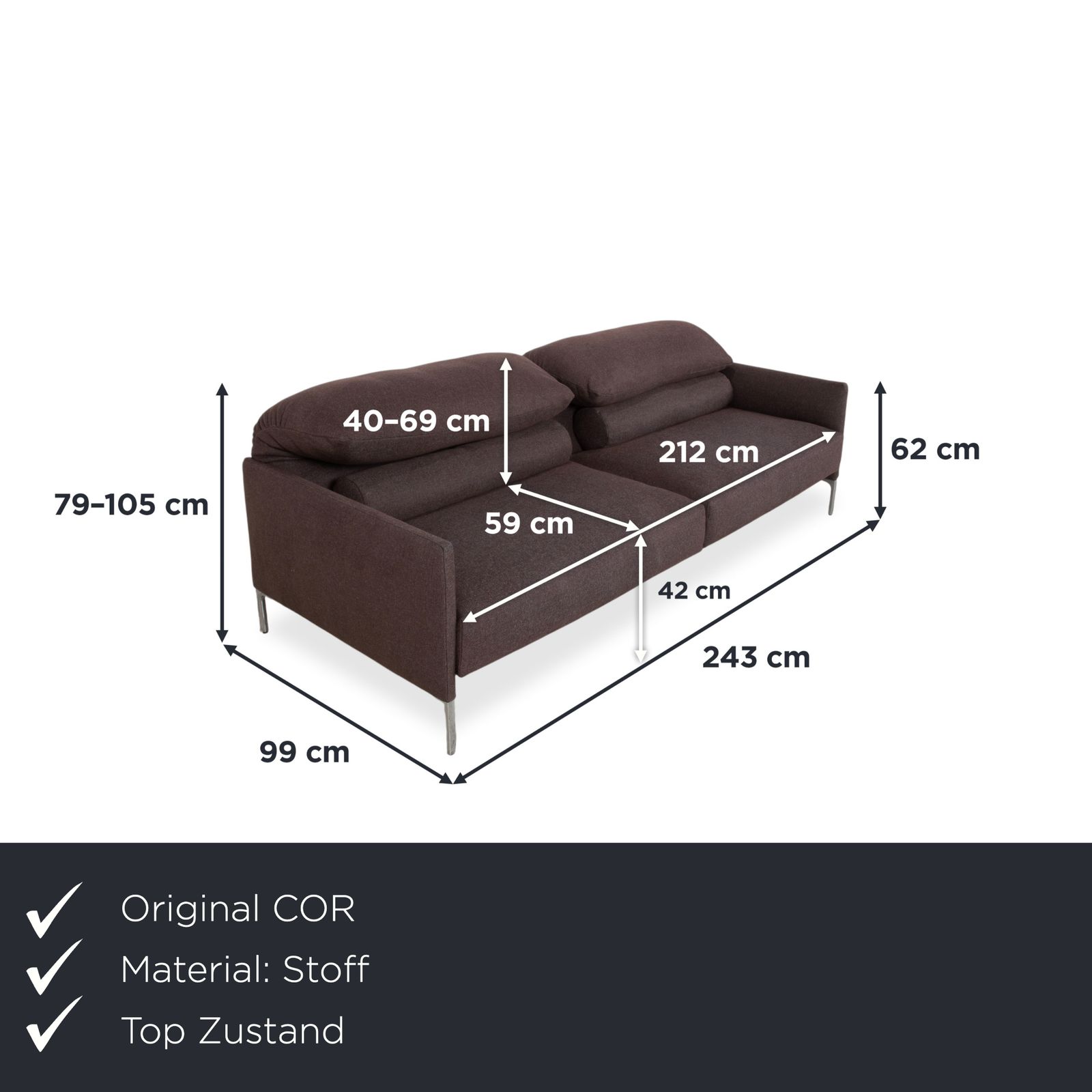 Cor Avalanche Stof Driezitter Grijs Handmatige Functie Bank photo furniture