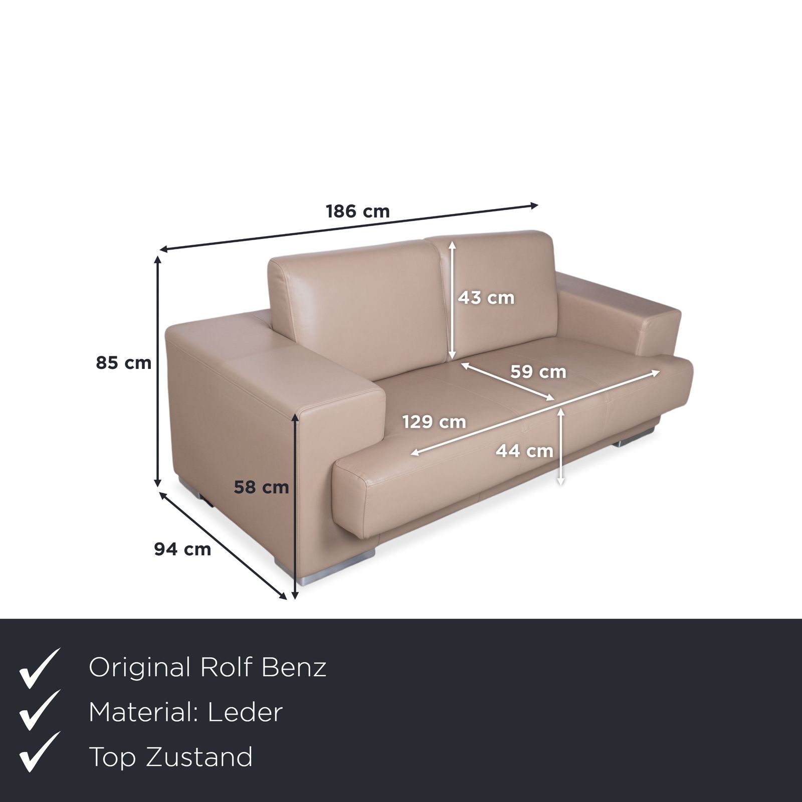 Canapé 2 places Rolf Benz en cuir, crème beige photo furniture