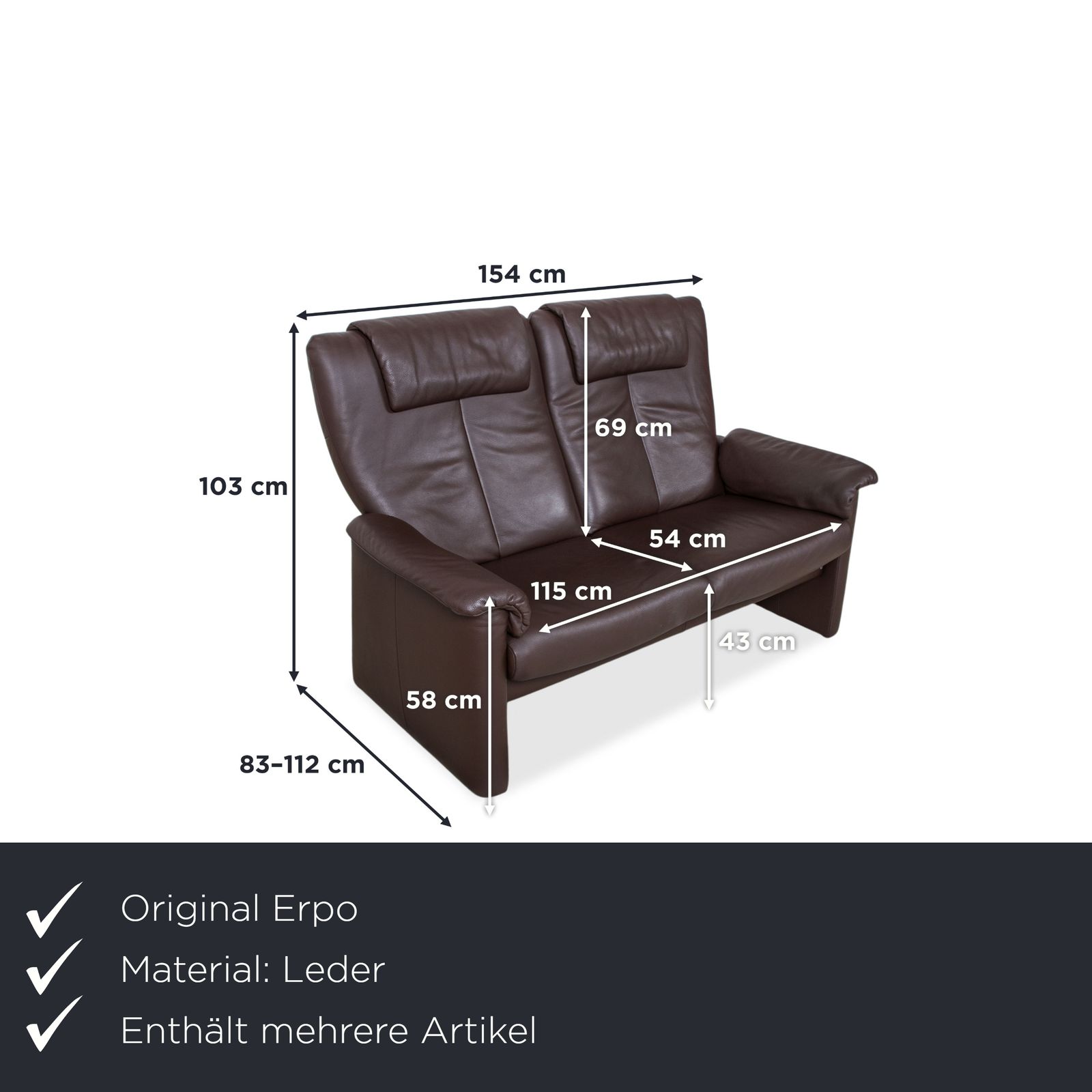 Erpo Milano 2x Leather Two Seater, Armchair &Footstool Brown Coffee Manual Reclining Function photo for sale