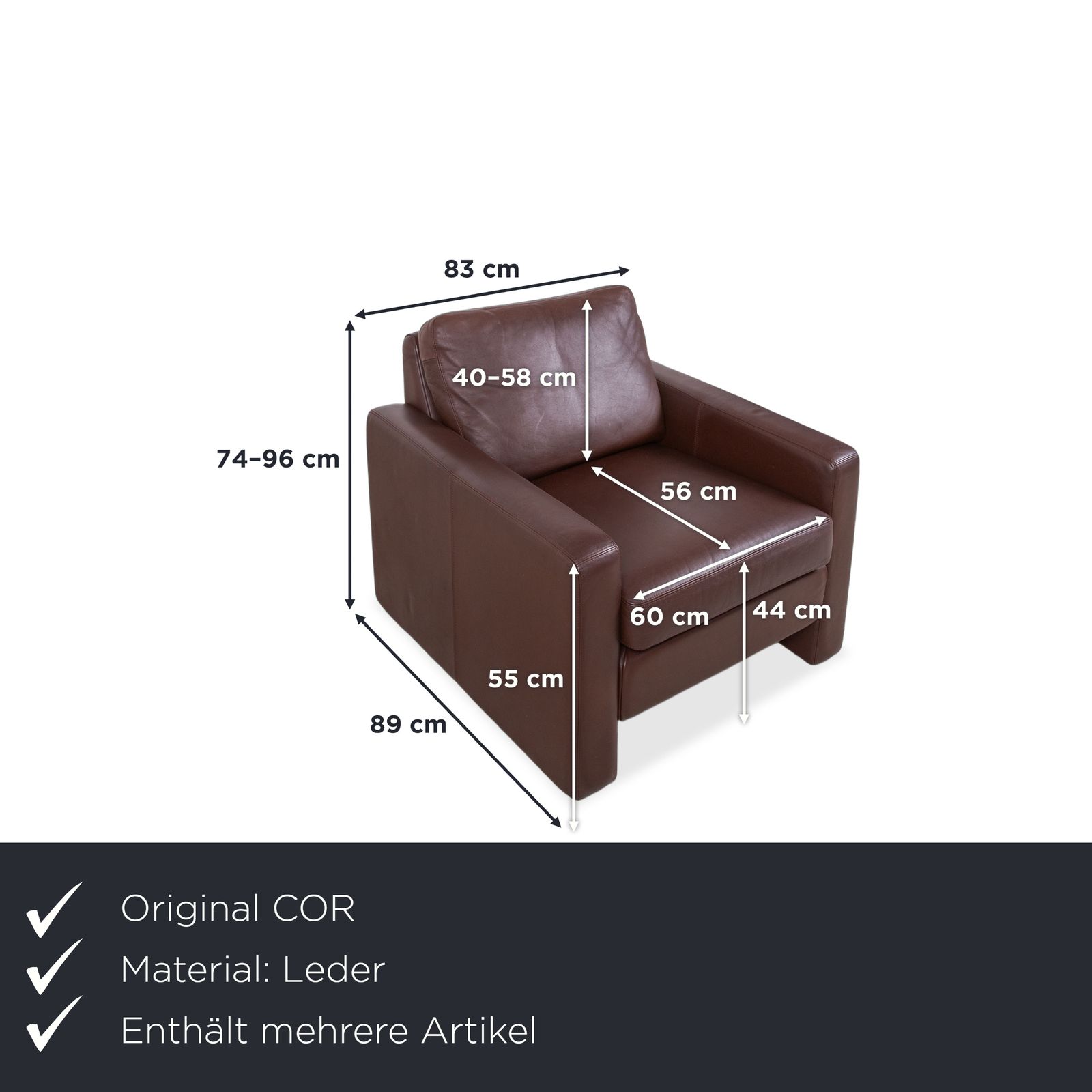Cor Conseta Leather Three Seater & Armchair Brown Coffee Mahogany Couch Incl. Headrest photo for sale