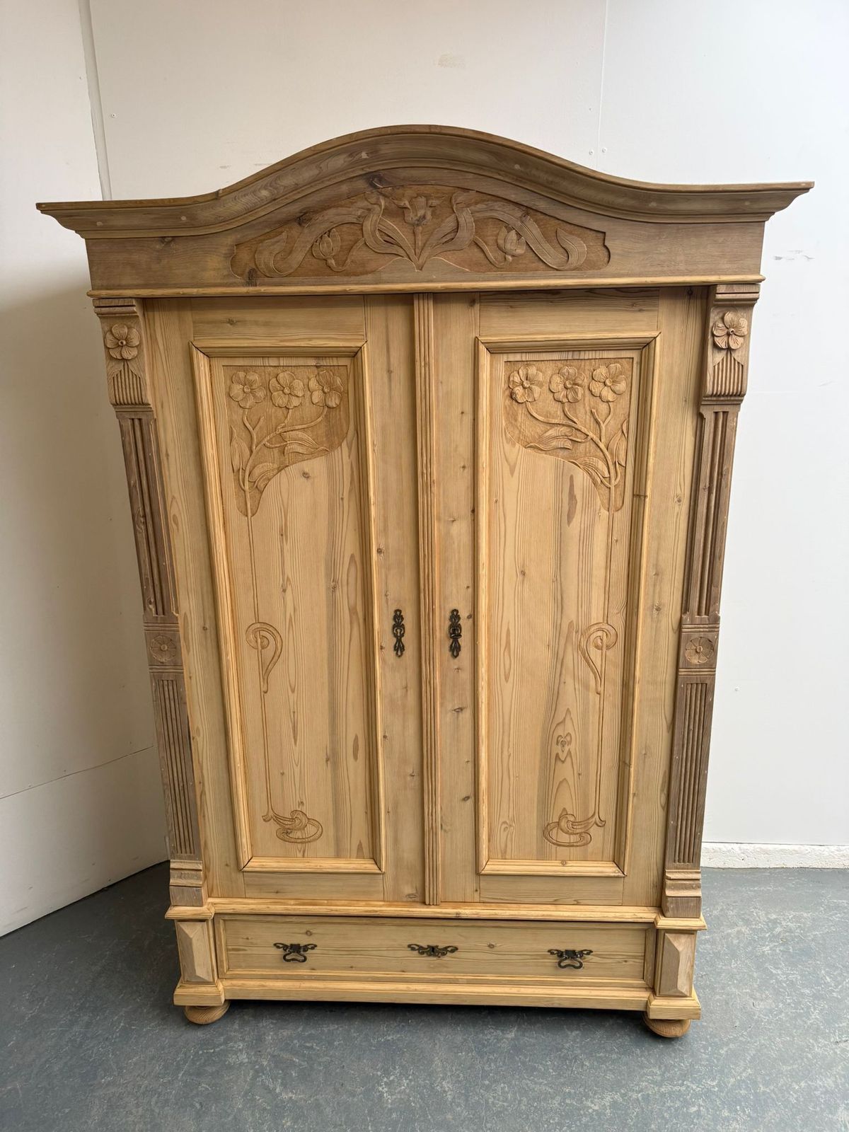 A Rare Pine Art Nouveau Carved Knockdown Wardrobe To Paint/Wax photo vinterior
