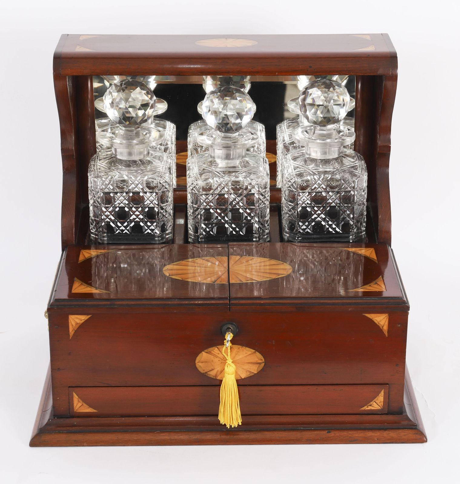 Antique Satin Wood Inlaid Three Cut Crystal Decanter Tantalus & Games 19th C photo for sale