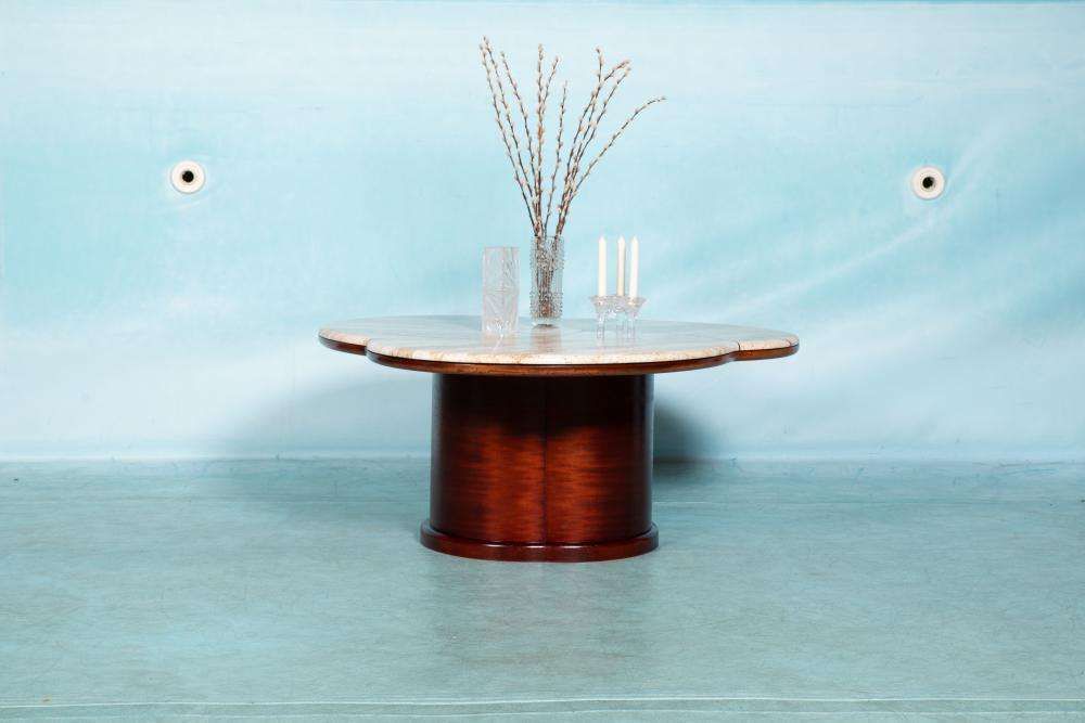 Mid Century Salontafel Van Travertijn, In De Stijl Van Jean Royère photo for sale