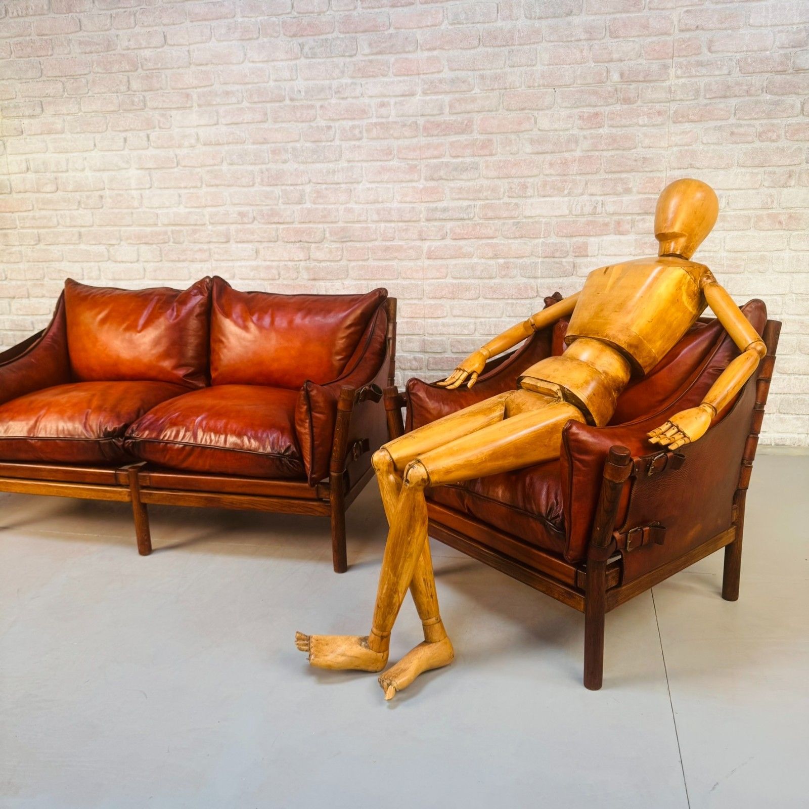 Vintage Swedish 60s Arne Norell “Ilona” Tan Leather Sofa & Pair Of Safari Chairs photo for sale