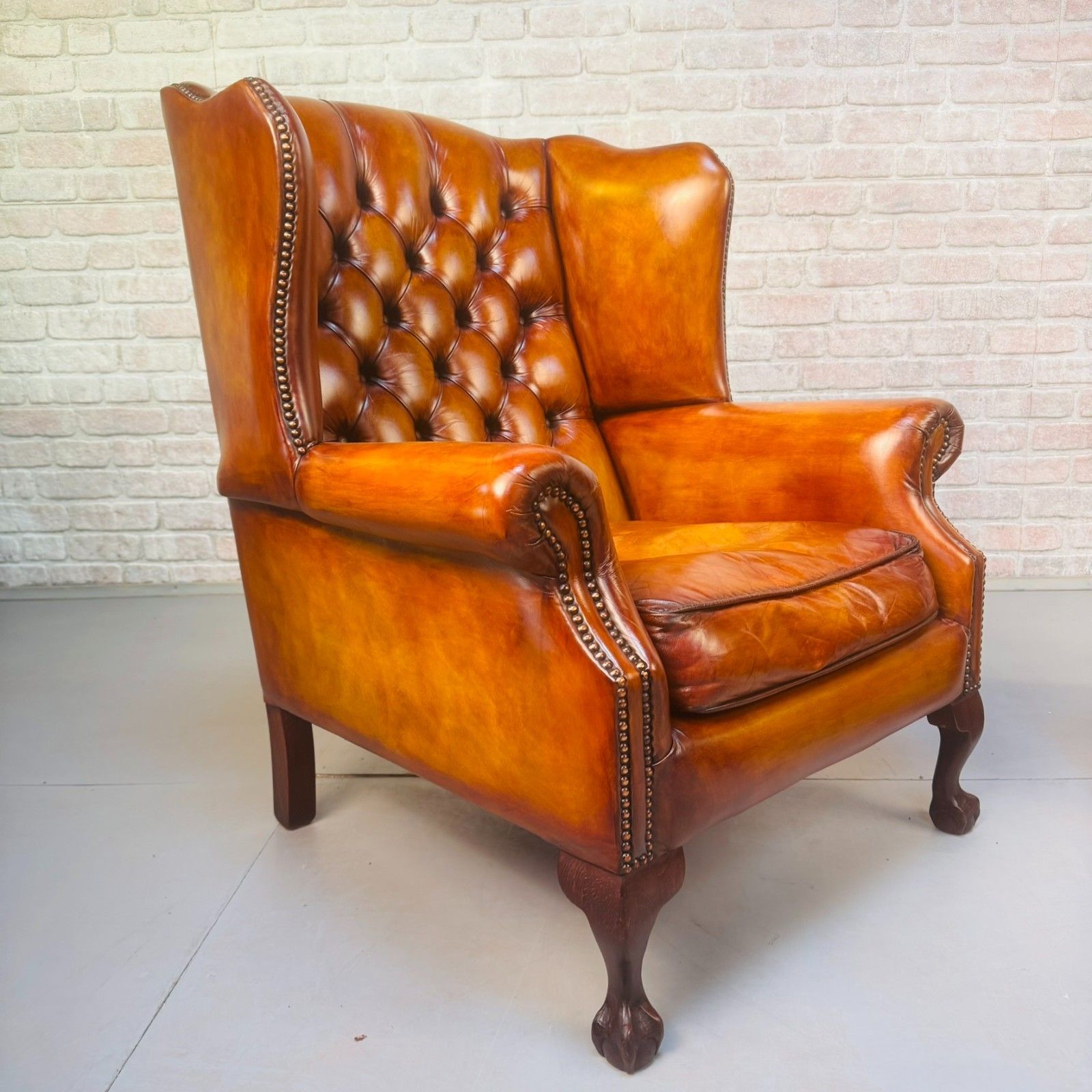 photo for sale Vintage English Pair Of Hand Dyed Tan Leather Wingback Chairs