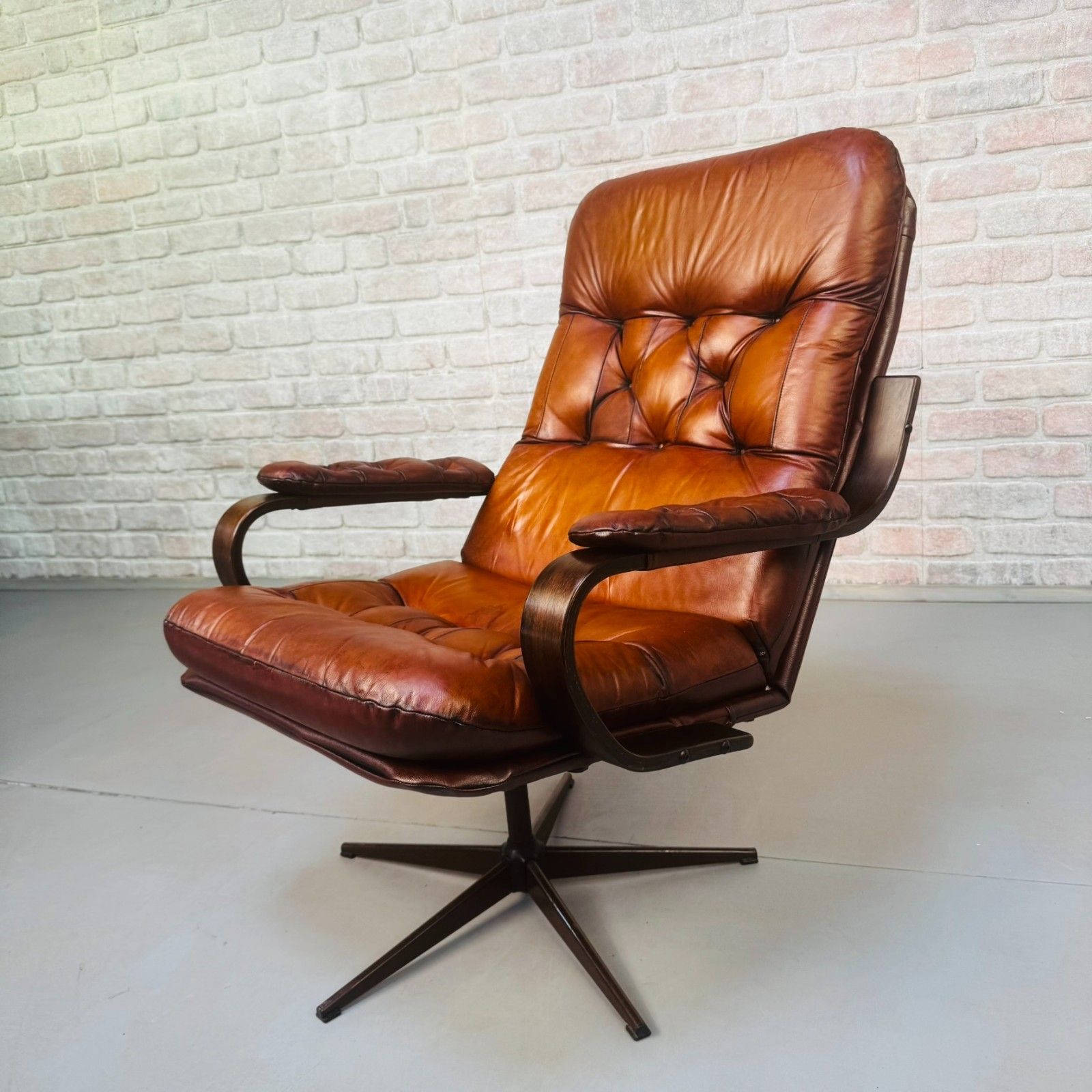 Vintage Danish Hand Dyed Tan Leather Swivel Chair – Neat Proportions photo for sale