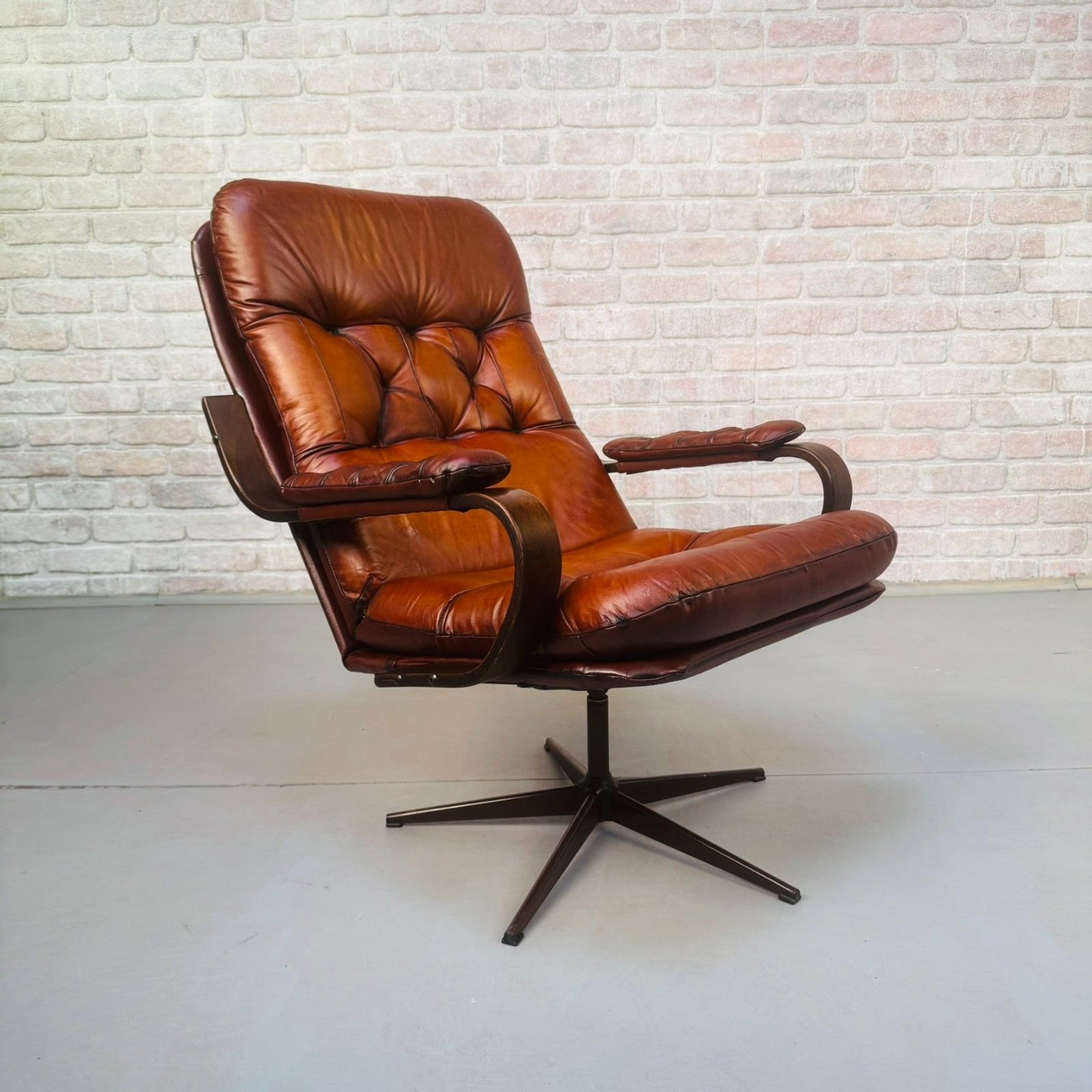 Vintage Danish Hand Dyed Tan Leather Swivel Chair – Neat Proportions photo buy