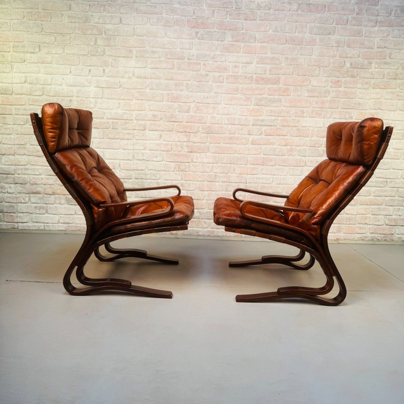photo for sale Vintage 1970s Hove Mobler Skyline Lounge Chairs Tan Leather Bentwood Beech