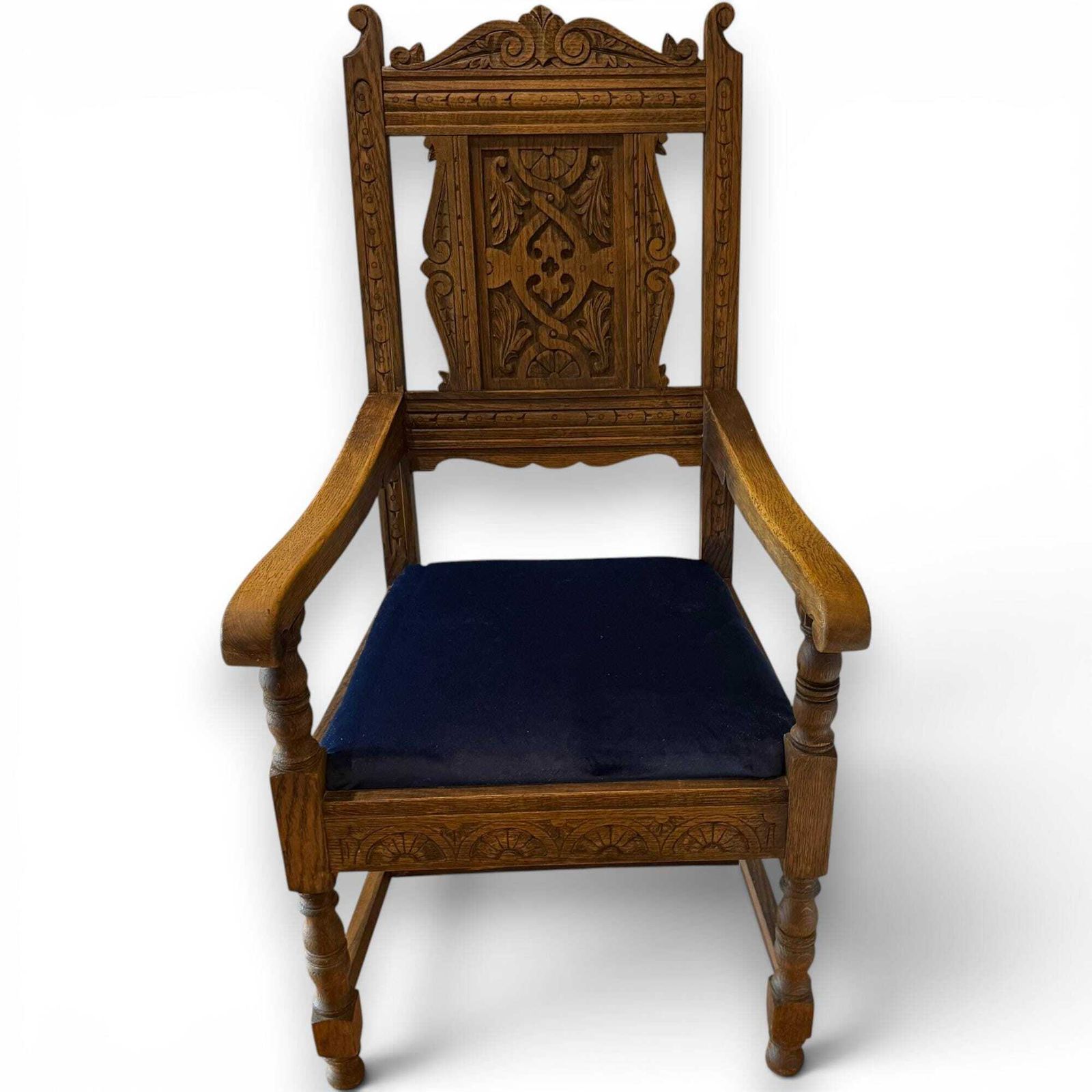 Vintage Carved Oak Gothic Revival Armchair With Blue Velvet Seat. photo for sale