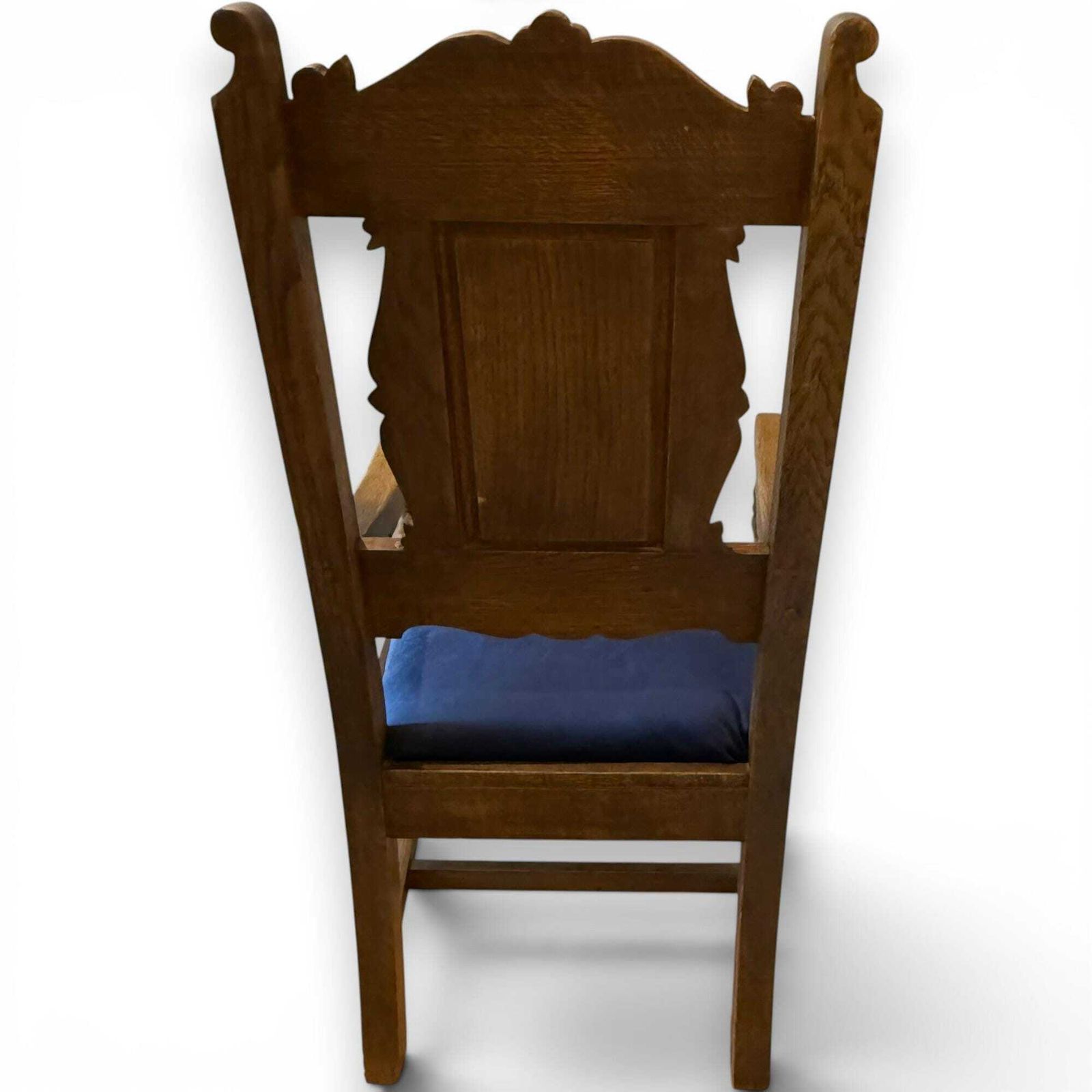 Vintage Carved Oak Gothic Revival Armchair With Blue Velvet Seat. photo Furniture