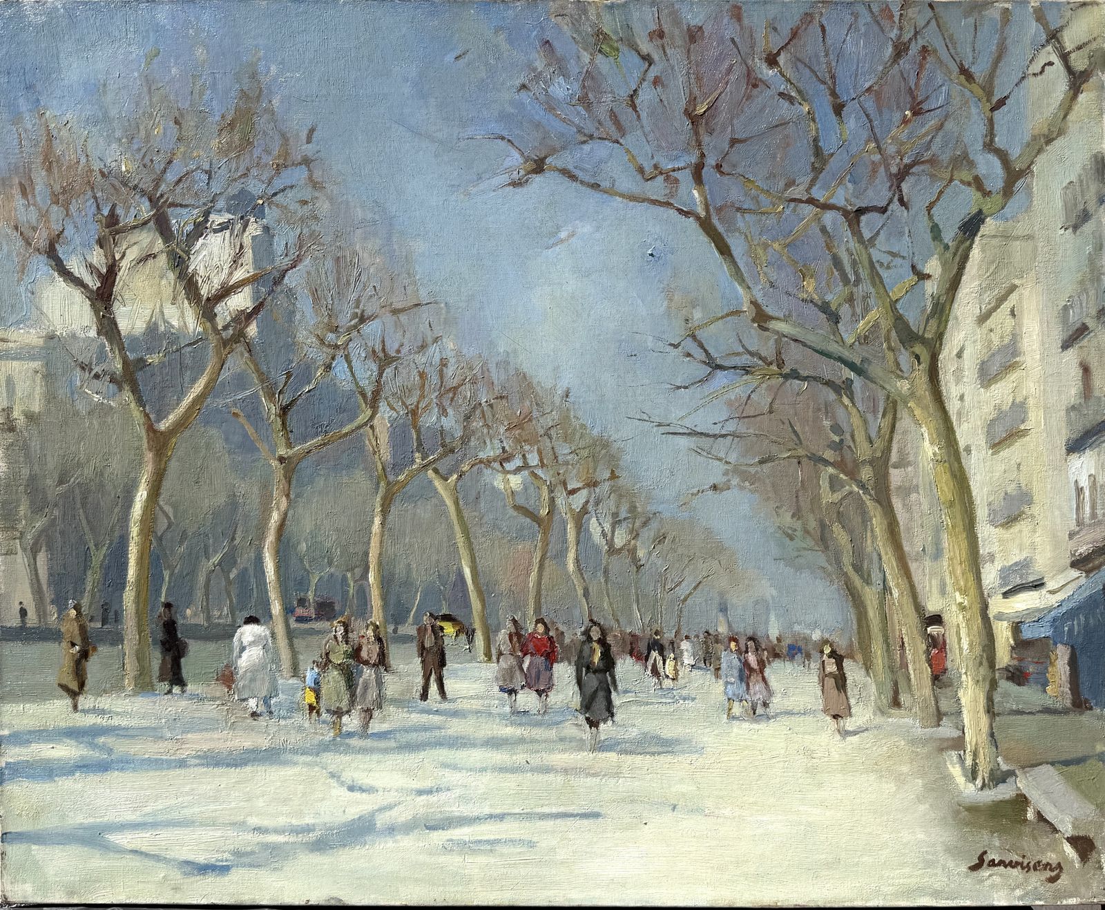 Ramon Sanvisens Marfull Elegant Barcelona Boulevard Scene With Figures, Catalan Impressionist Oil Canvas 1960s