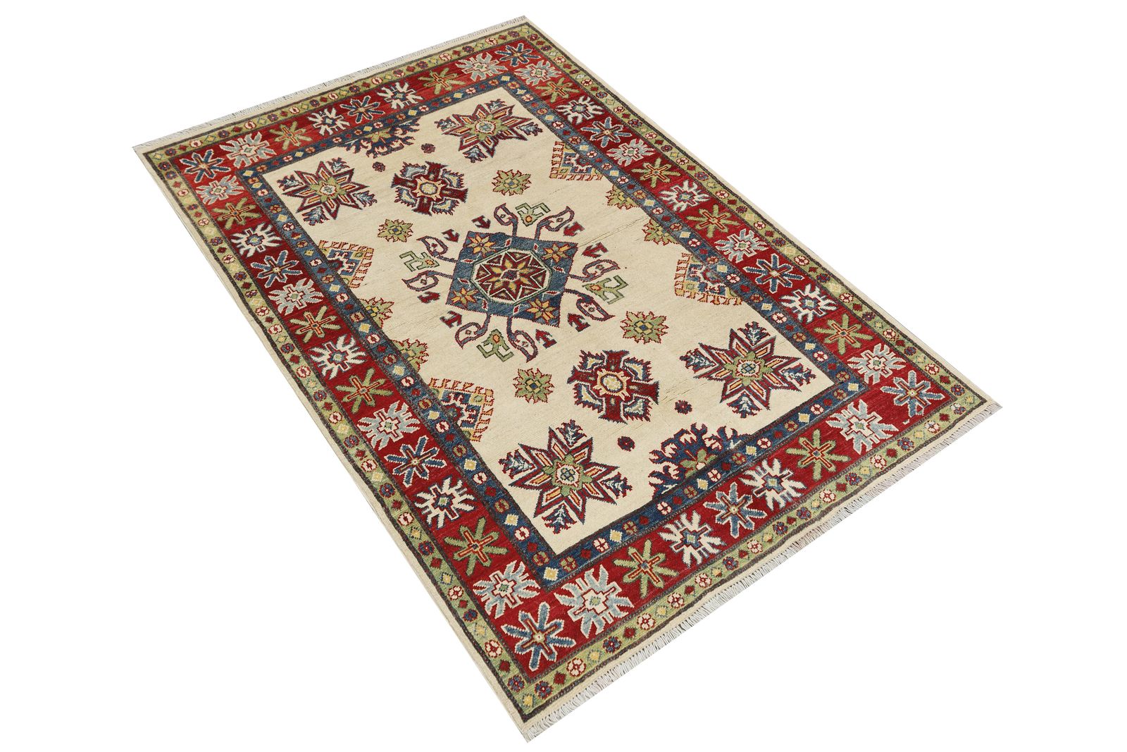 Kazak Ivory Red Hand Knotted Caucasian Geometric Rug photo furniture