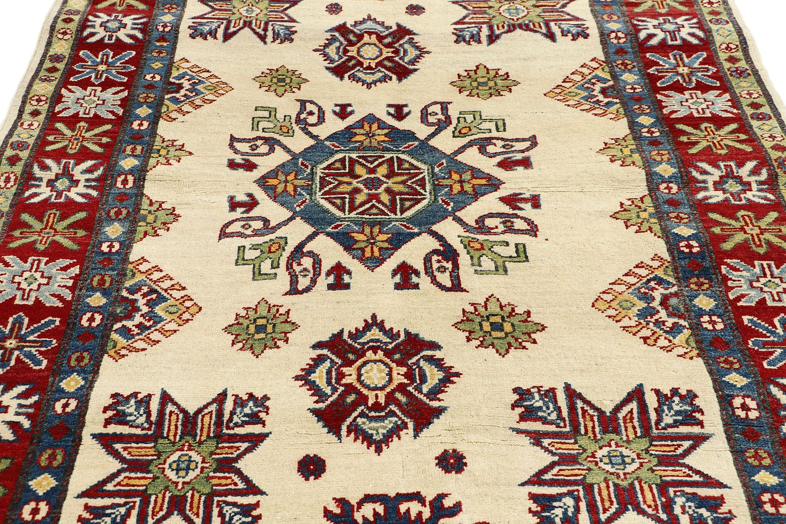 Kazak Ivory Red Hand Knotted Caucasian Geometric Rug photo for sale