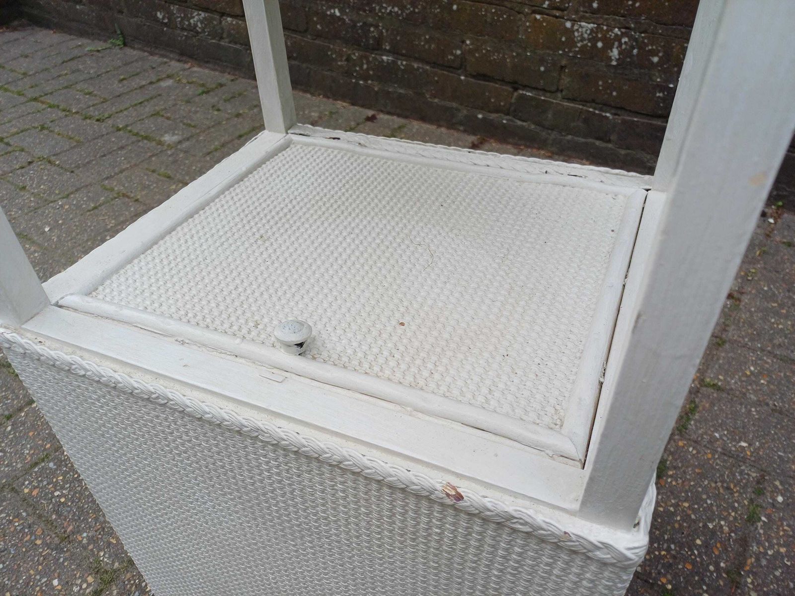 Pair Of Vintage White Bedside Cabinets Pair Glass Top Side Tables Wicker Storage Cupboards Unusual Lift Top Nightstands photo 395.0