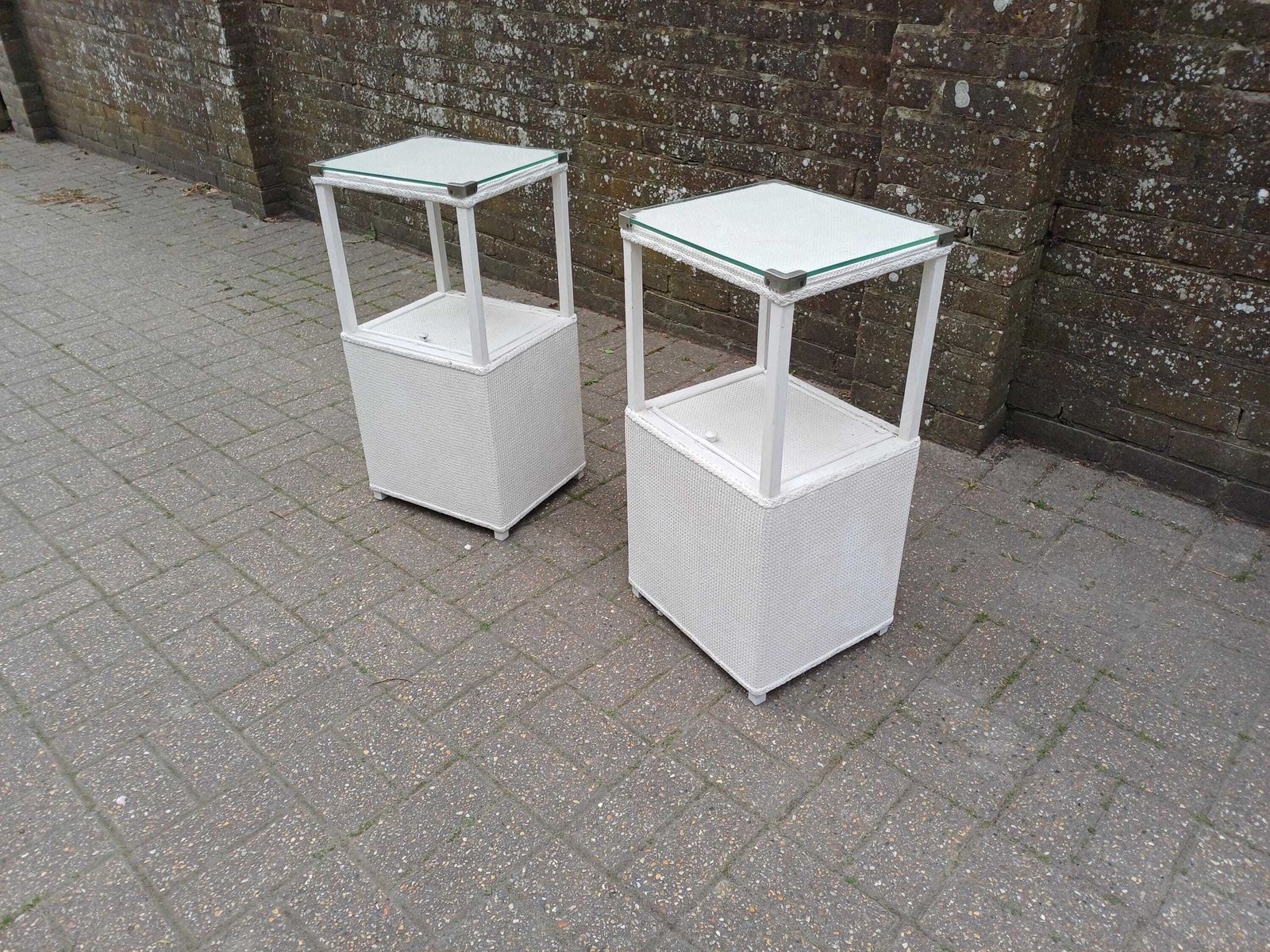 395.0 Pair Of Vintage White Bedside Cabinets Pair Glass Top Side Tables Wicker Storage Cupboards Unusual Lift Top Nightstands photo