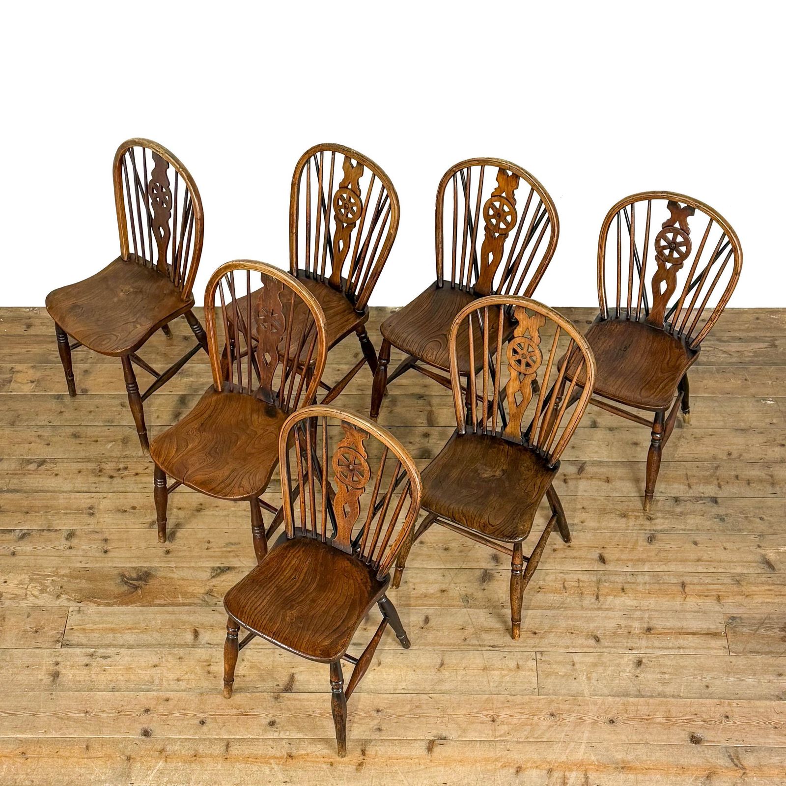 Antique Set Of Seven Wheelback Kitchen Chairs | Kitchen Chairs | Dining Chairs | Oak Antiques | Farmhouse Seating photo furniture