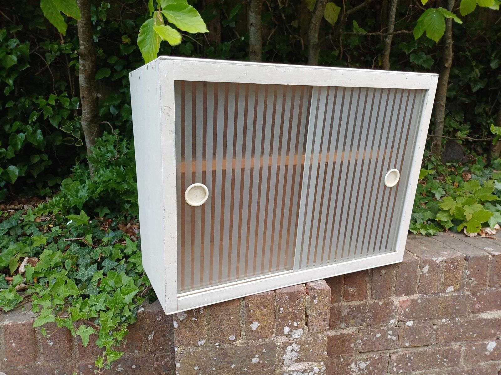 1950s Painted Kitchen Bathroom Wall Cupboard With Sliding Ribbed Glass Doors Mid Century Utility Storage Cabinet photo 295.0