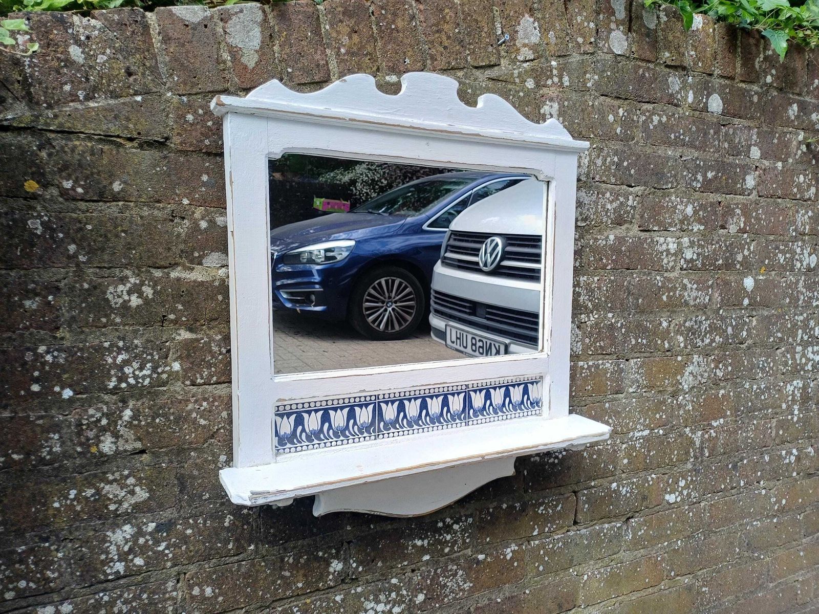 Vintage White Pine Wall Mirror Blue Tulip Tile Shelf Bathroom Hallway Kitchen Shabby Chic Rustic Farmhouse Decor photo Home Decor