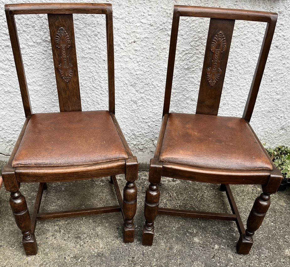 Pair Of Vintage Oak Dining Chairs Tudor Jacobean Farmhouse Carved Wooden Chairs photo furniture
