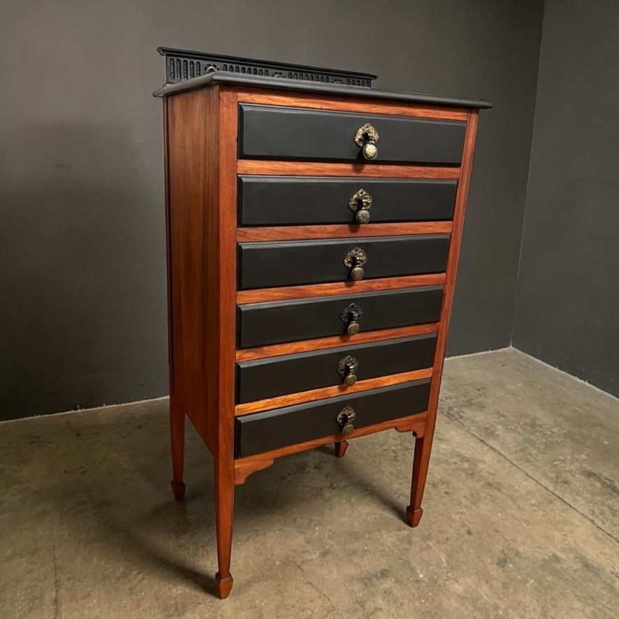 Antique Style 6 Drawer Chest Tallboy Cabinet Black/Wood 102cm
