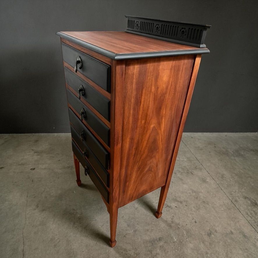 Antique Style 6 Drawer Chest Tallboy Cabinet Black/Wood 102cm photo 195.0